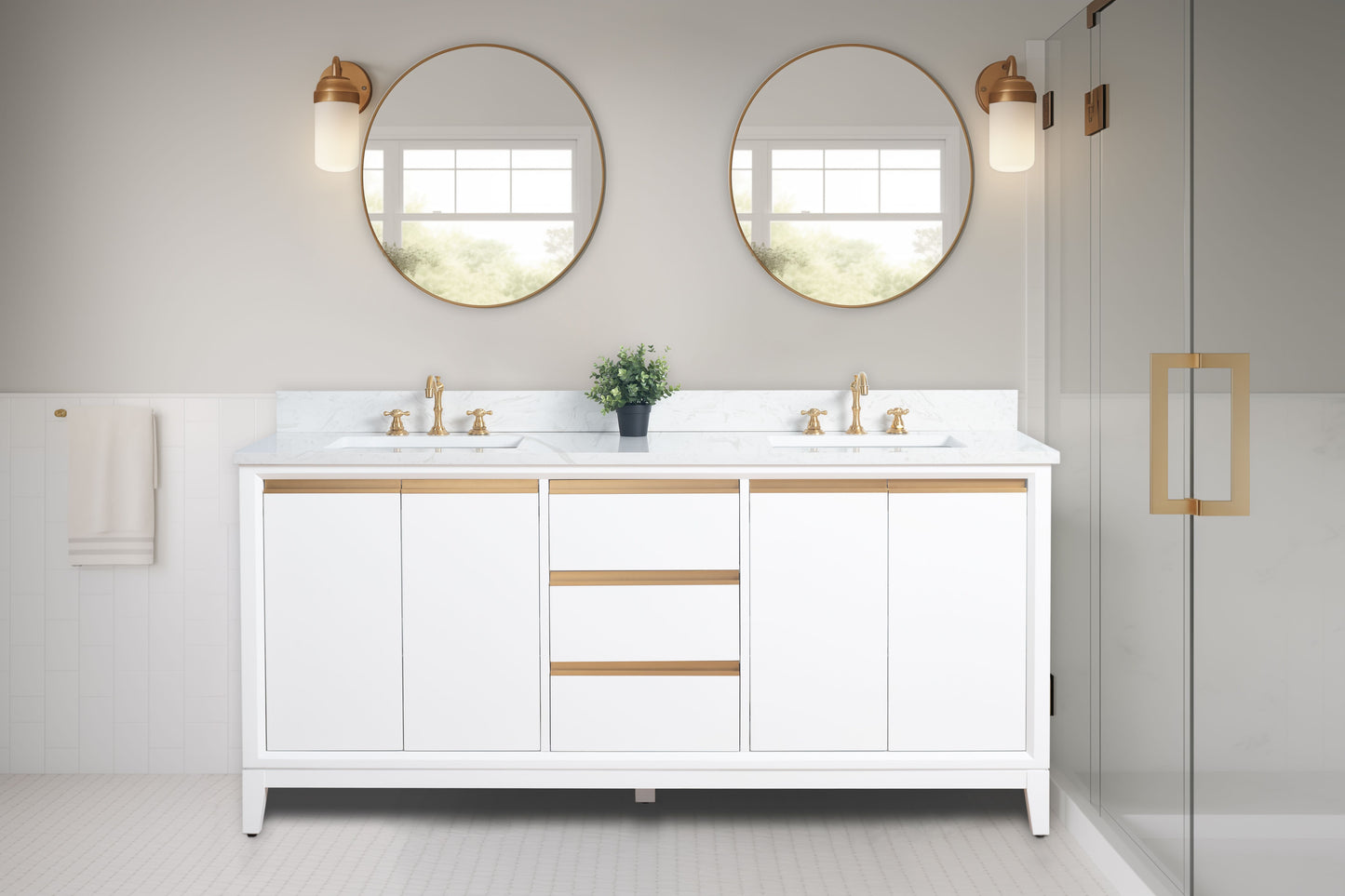 72 Inch Double Sink Bathroom Vanity in White with Marble Countertop - Vanity Art VA8072-DW