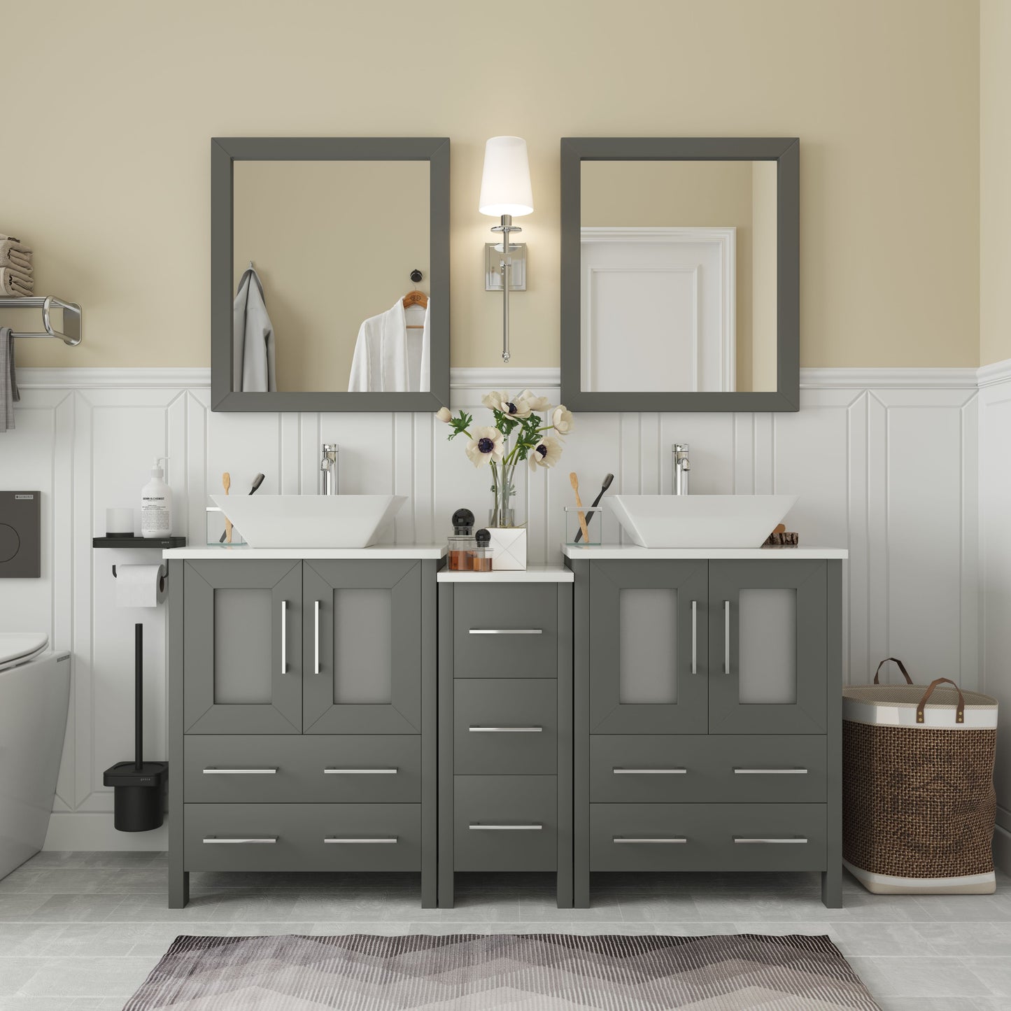 60 Inch Double Sink Bathroom Vanity in Gray with Marble Countertop - Vanity Art VA3124-60G