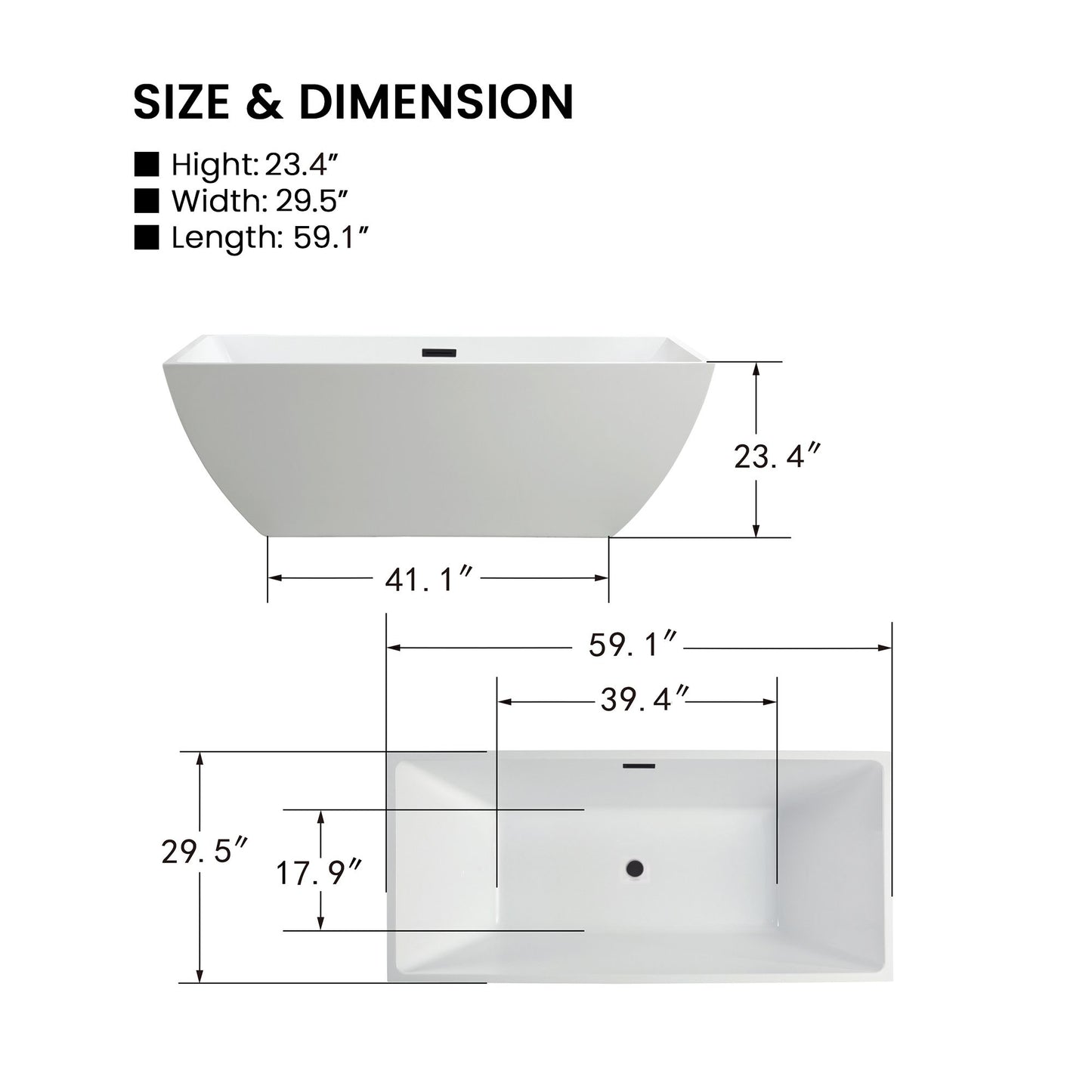 59 Inch Freestanding White Acrylic Bathtub with Overflow And Pop-Up Drain - Vanity Art VA6821-SMB