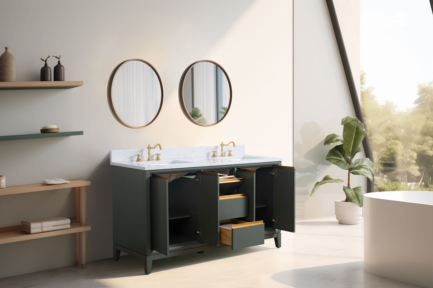 60 Inch Double Sink Bathroom Vanity in Vintage Green with Marble Countertop - Vanity Art VA8060-DVG