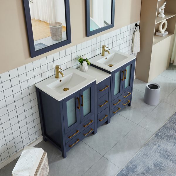 60 Inch Double Sink Bathroom Vanity in Blue with Ceramic Countertop - Vanity Art VA3024-60B