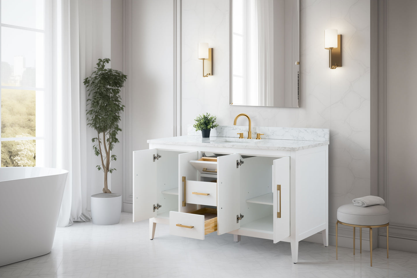 60 Inch Single Sink Bathroom Vanity in White with Marble Countertop - Vanity Art VA9060-SW