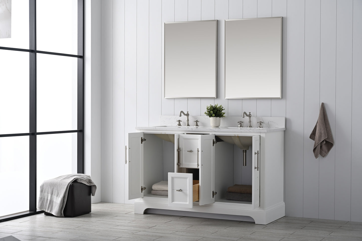 54 Inch Double Sink Bathroom Vanity in White with Marble Countertop & Backsplash - Vanity Art VA5054-W