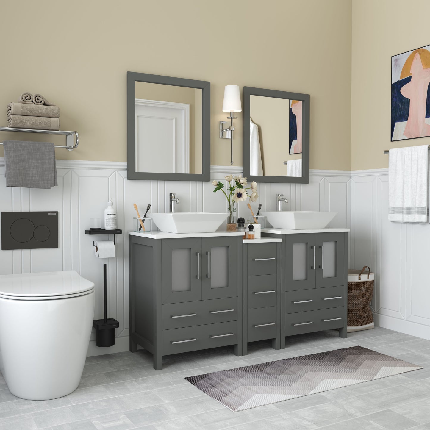 60 Inch Double Sink Bathroom Vanity in Gray with Marble Countertop - Vanity Art VA3124-60G