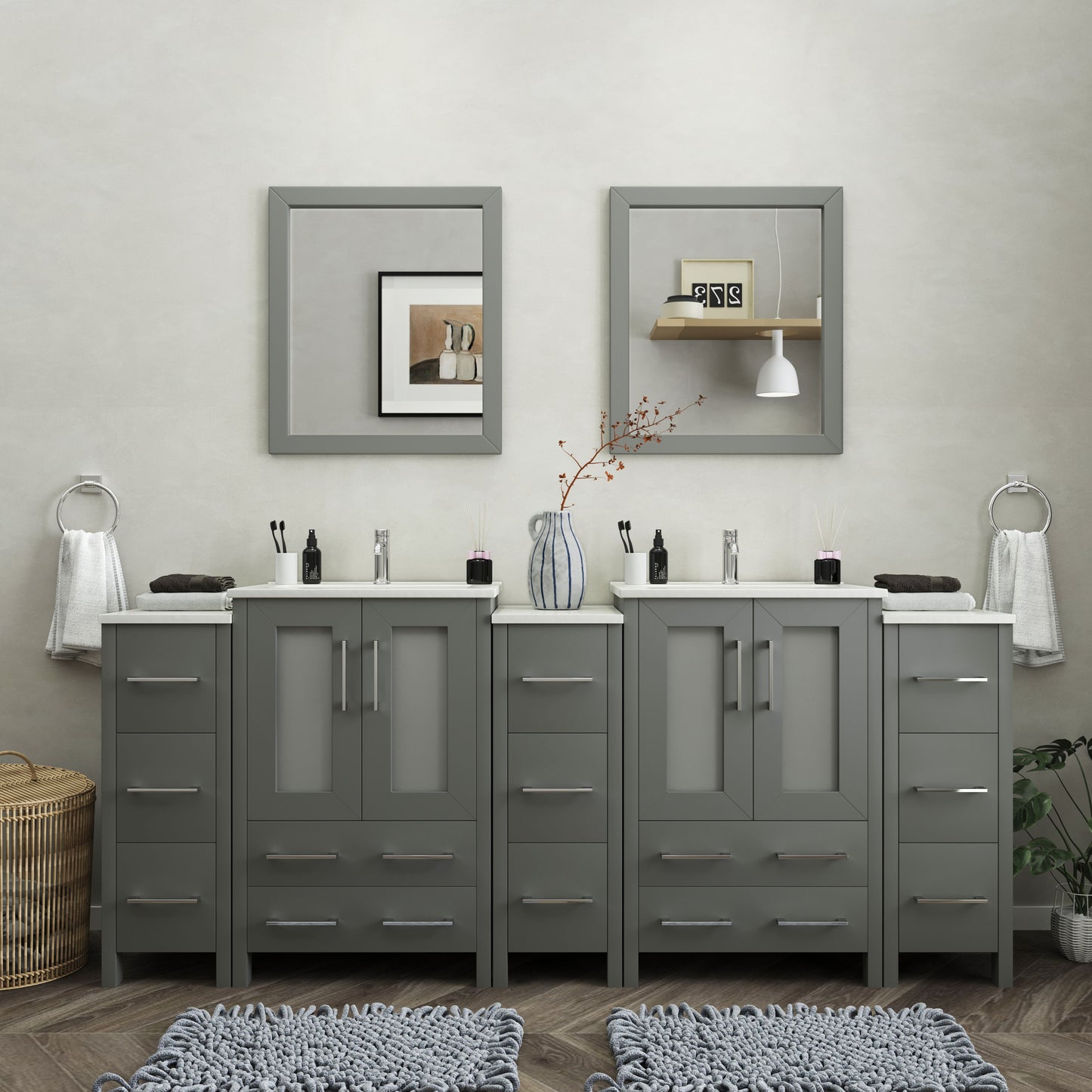 84 Inch Double Sink Bathroom Vanity in Gray with Ceramic Countertop - Vanity Art VA3024-84G