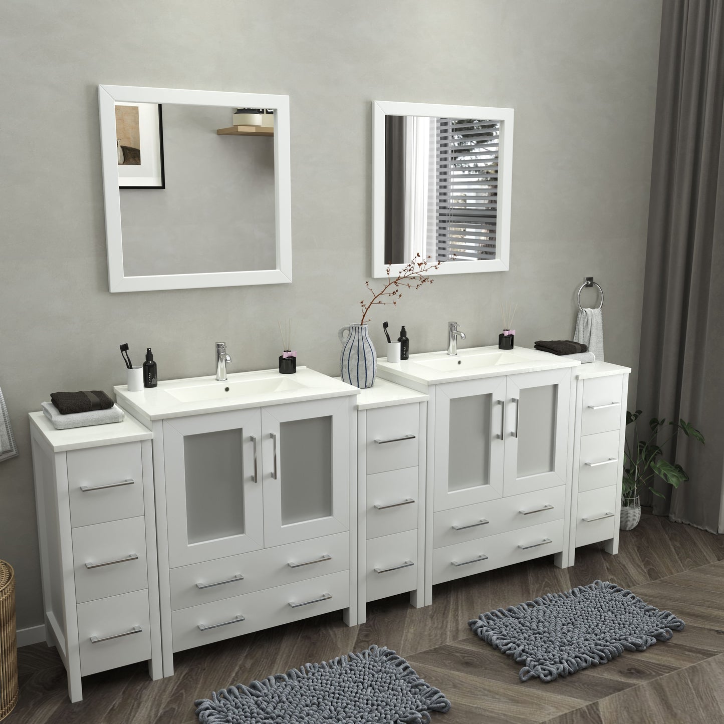 96 Inch Double Sink Bathroom Vanity in White with Ceramic Countertop - Vanity Art VA3030-96W