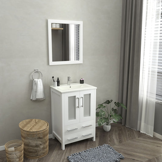 24 Inch Single Sink Bathroom Vanity in White with Ceramic Countertop - Vanity Art VA3024W