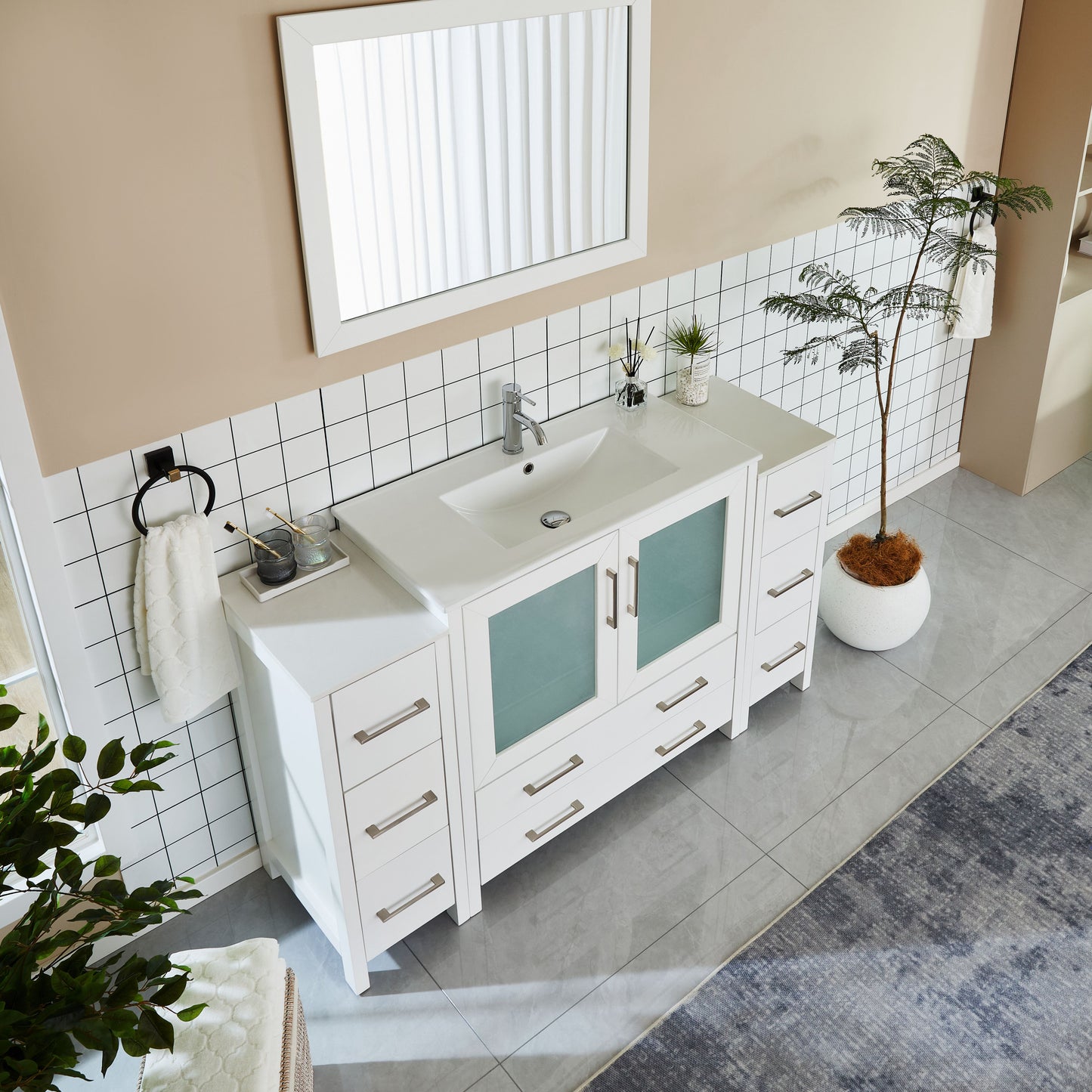 60 Inch Single Sink Bathroom Vanity in White with Ceramic Countertop - Vanity Art VA3036-60W