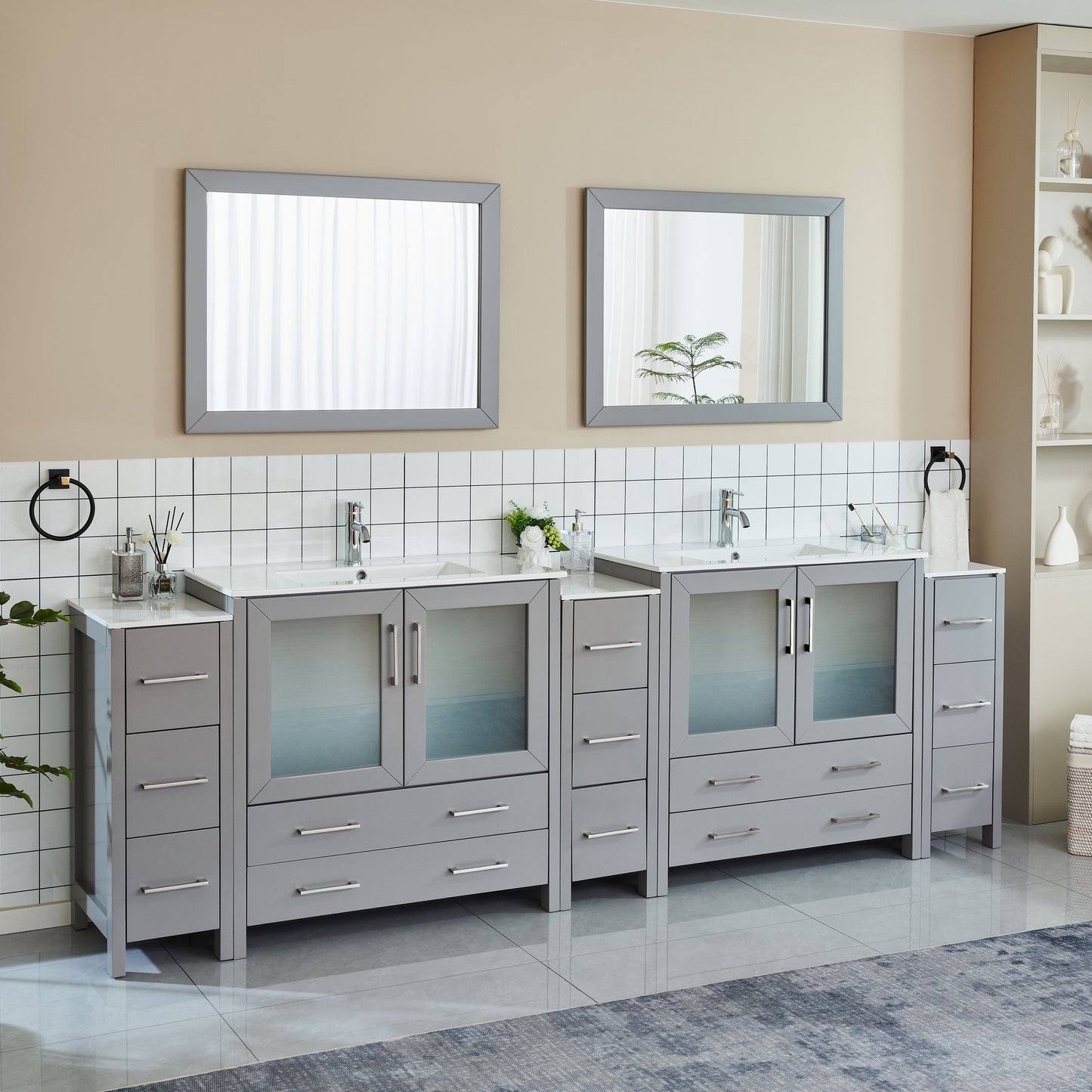 108 Inch Double Sink Bathroom Vanity in Gray with Ceramic Countertop - Vanity Art VA3036-108G