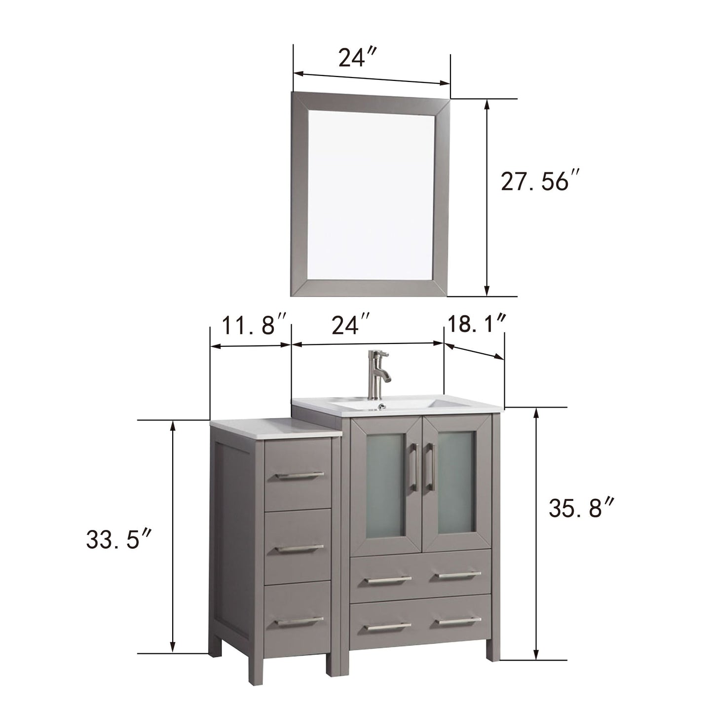 36 Inch Single Sink Bathroom Vanity in Gray with Ceramic Countertop - Vanity Art VA3024-36G