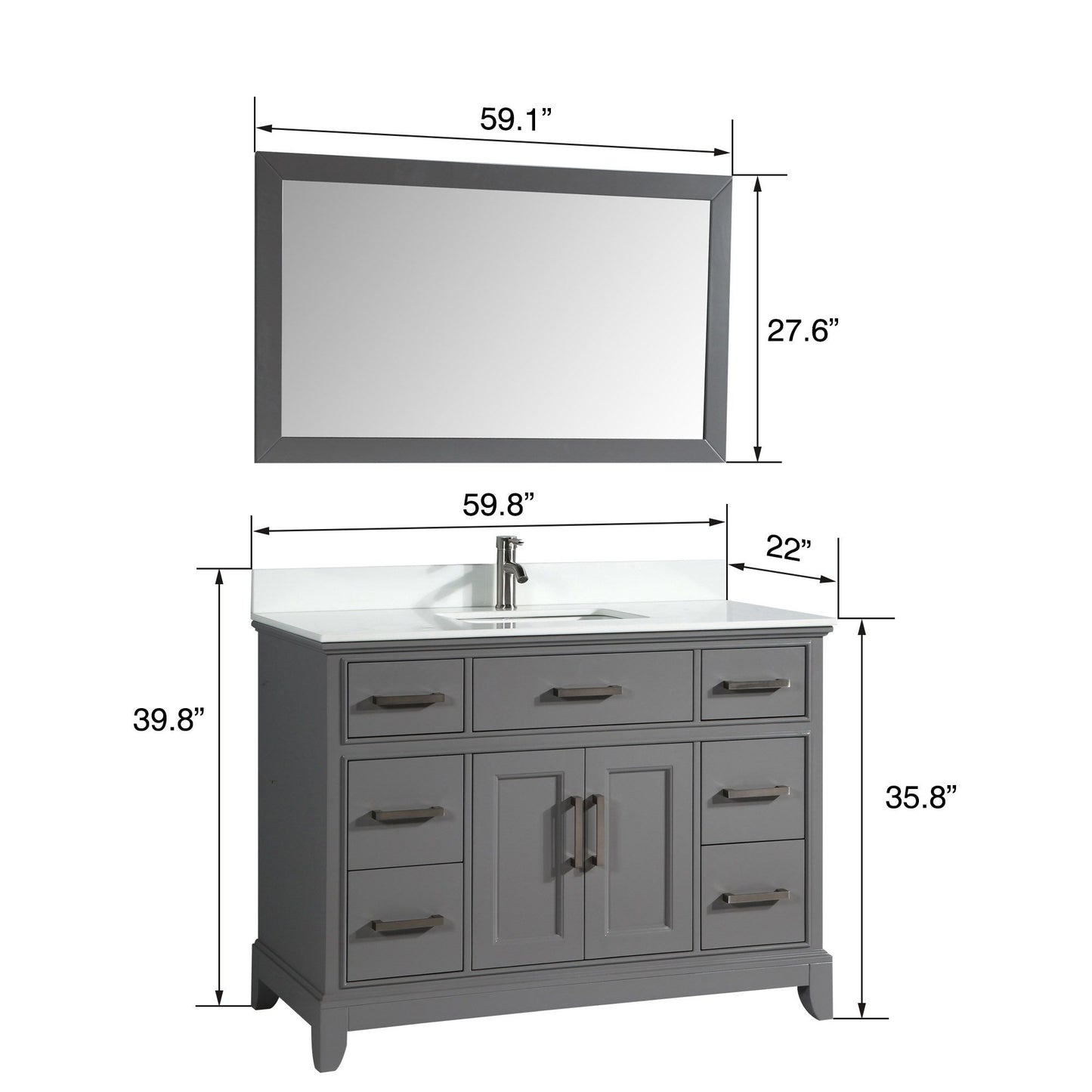 60 Inch Single Sink Bathroom Vanity in Gray with White Marble Countertop - Vanity Art VA1060SG