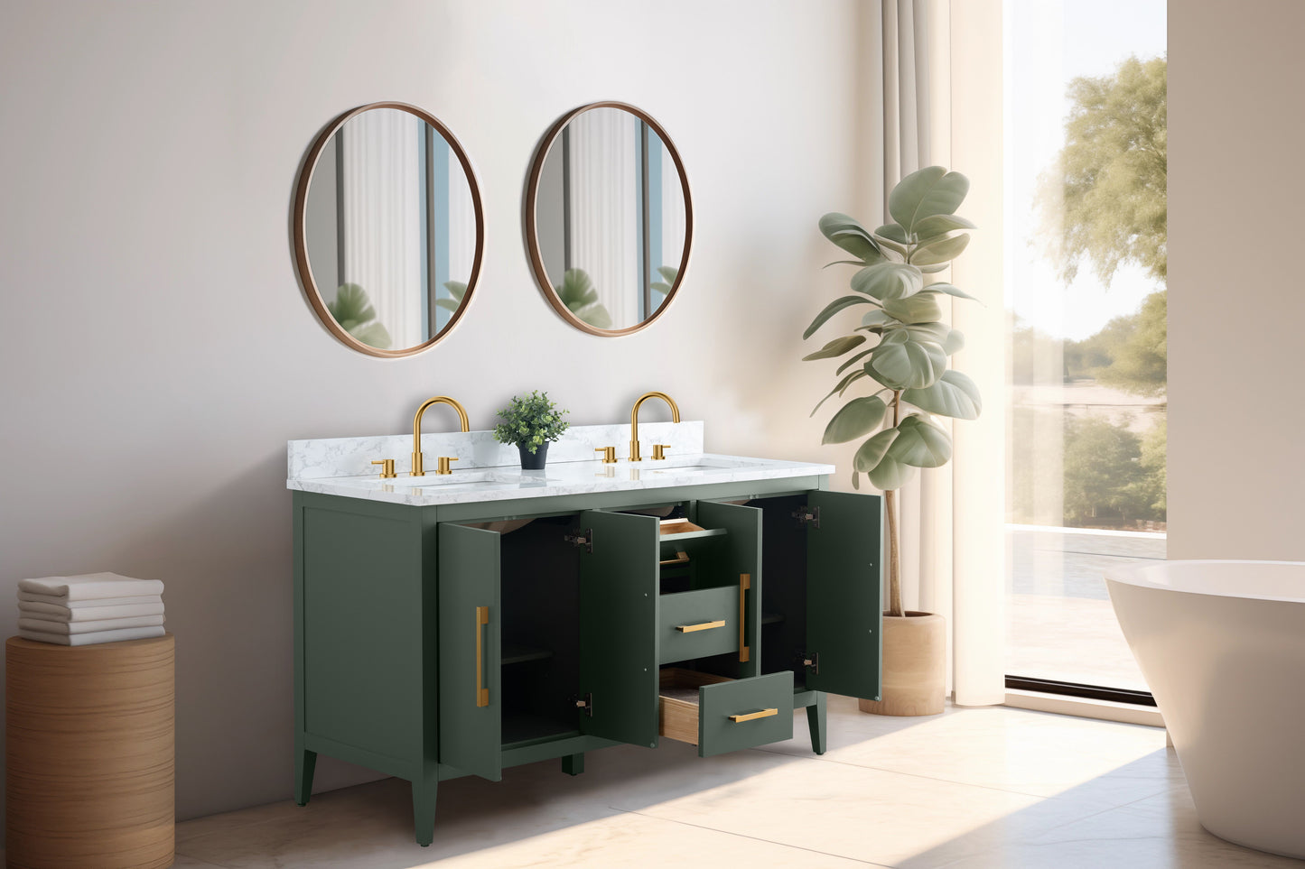 60 Inch Double Sink Bathroom Vanity in Vintage Green with Marble Countertop - Vanity Art VA9060-DVG