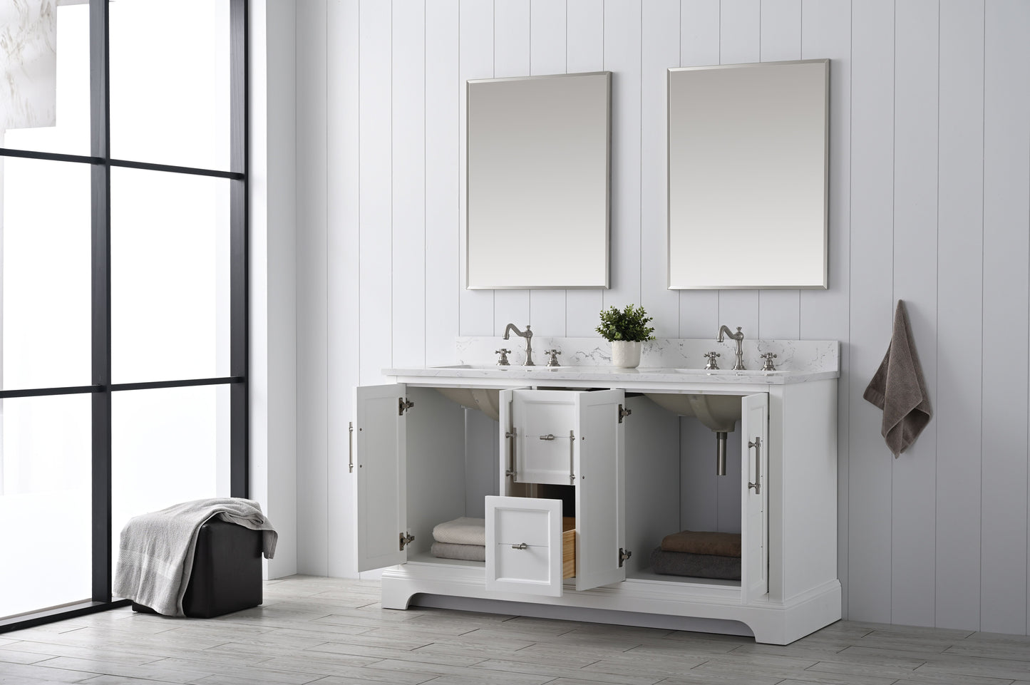 60 Inch Double Sink Bathroom Vanity in White with Marble Countertop & Backsplash - Vanity Art VA5060-DW