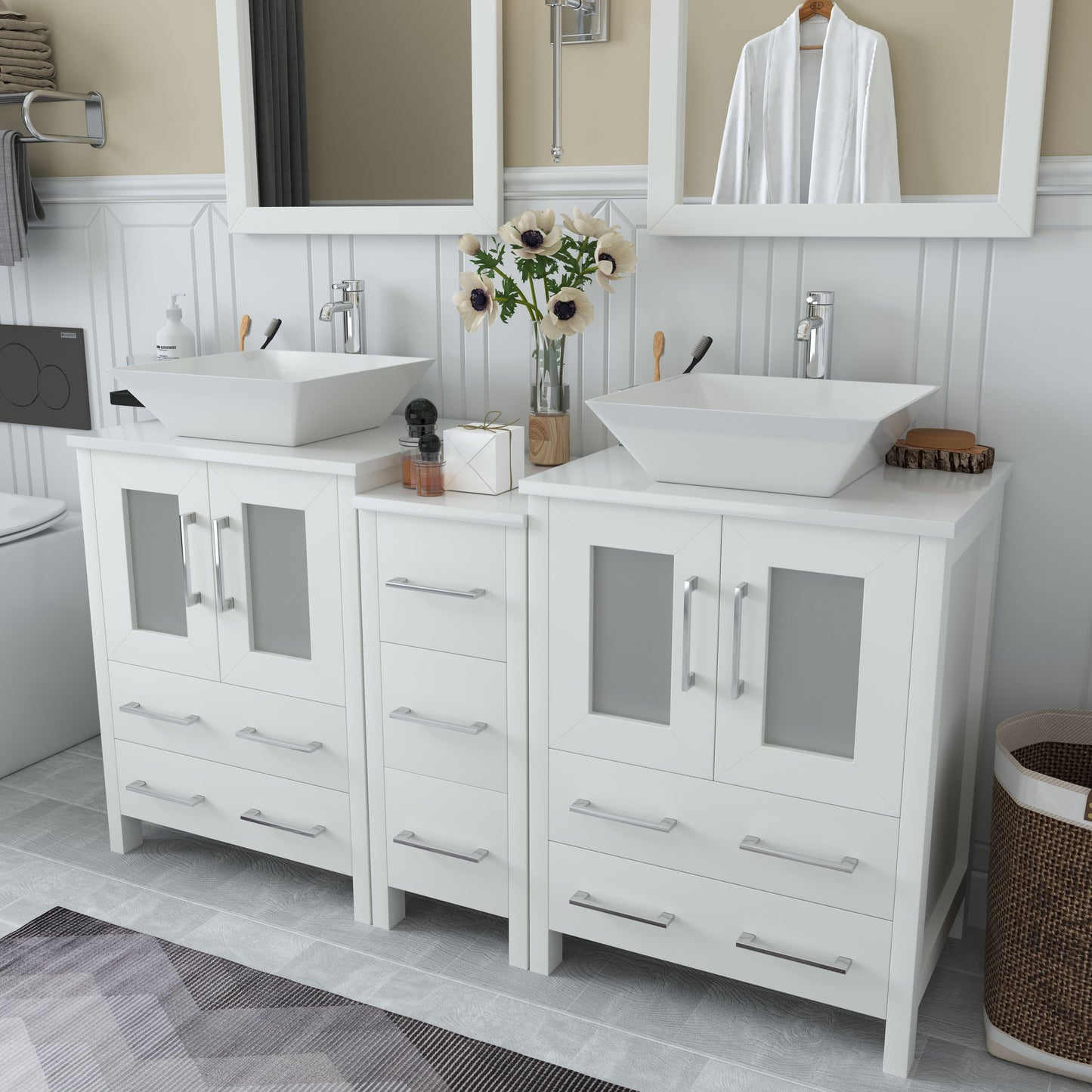 60 Inch Double Sink Bathroom Vanity in White with Marble Countertop - Vanity Art VA3124-60W