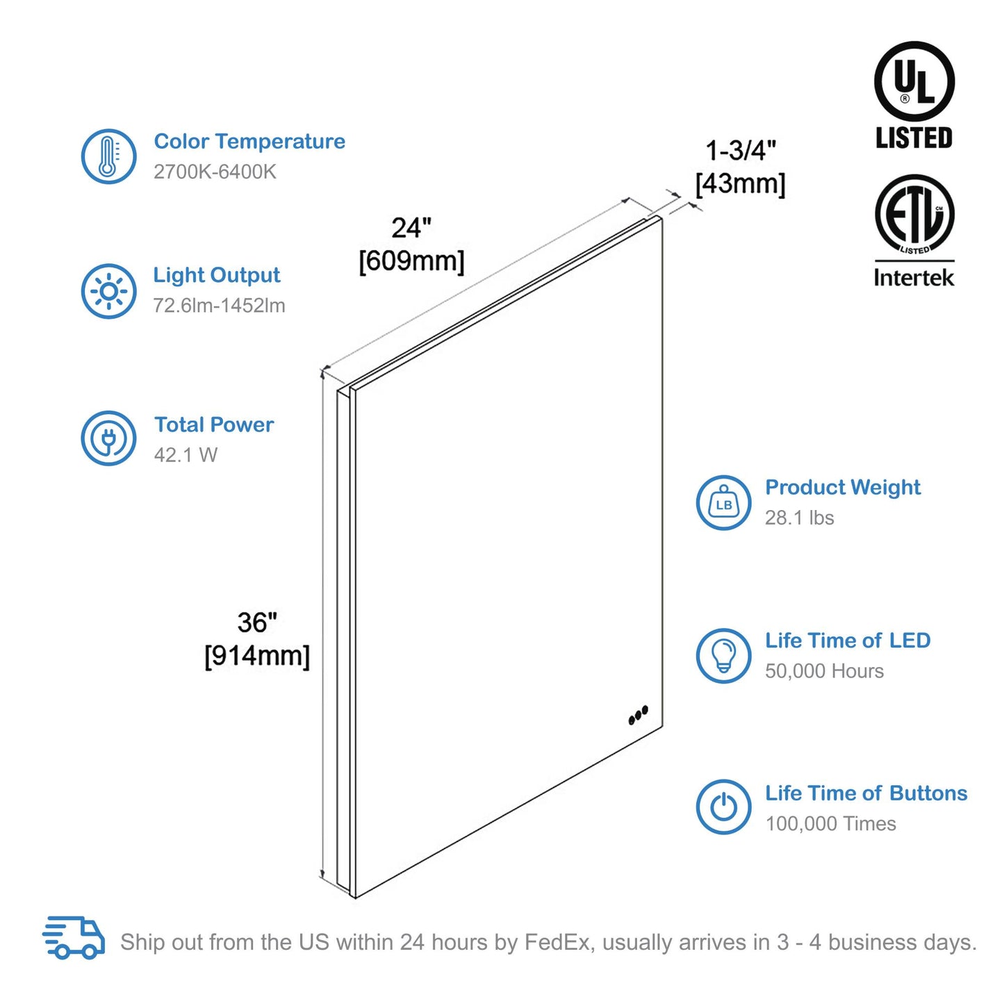 Blossom Beta - 24" LED Mirror Frosted Sides LED M2 2436