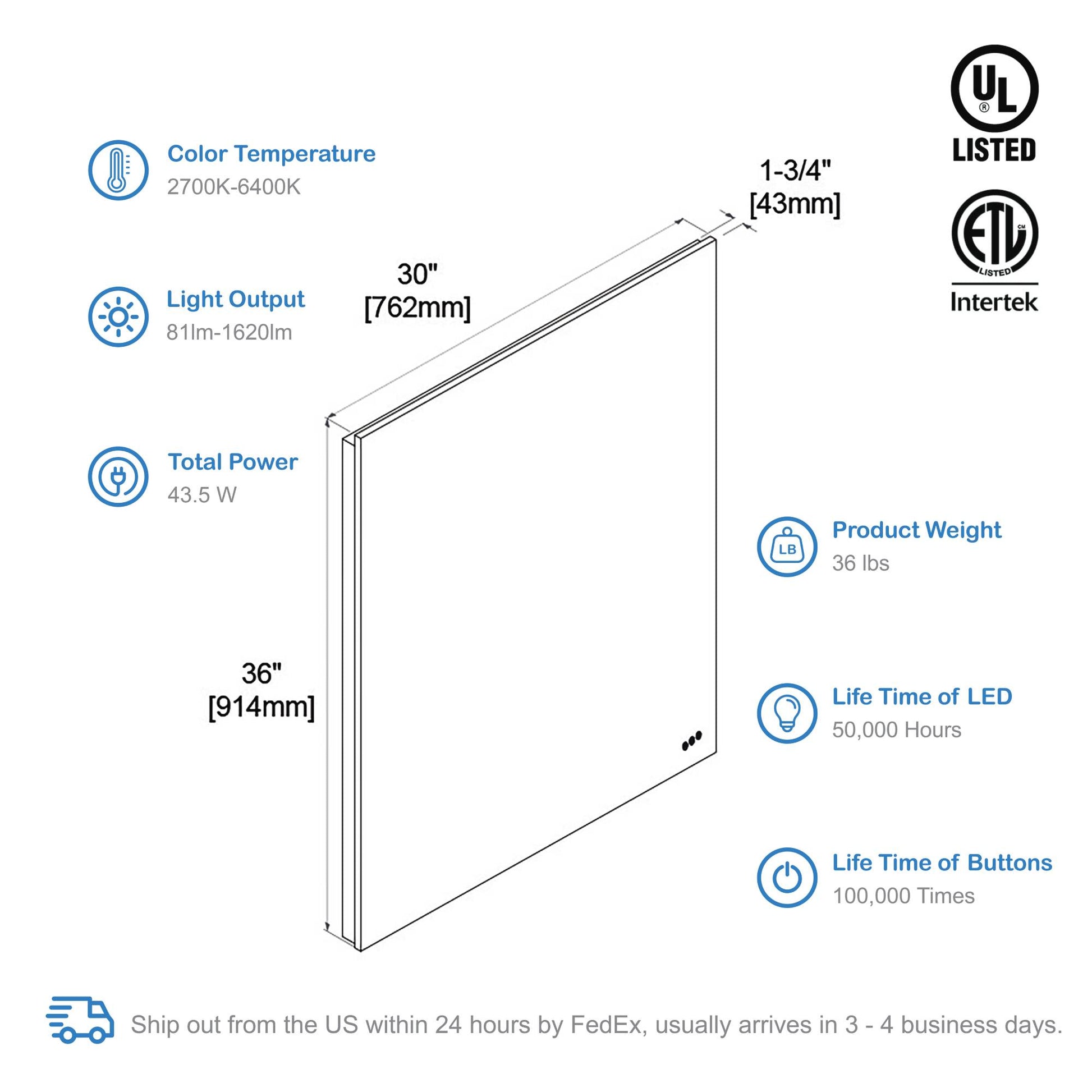 Blossom Beta - 30" LED Mirror Frosted Sides LED M2 3036