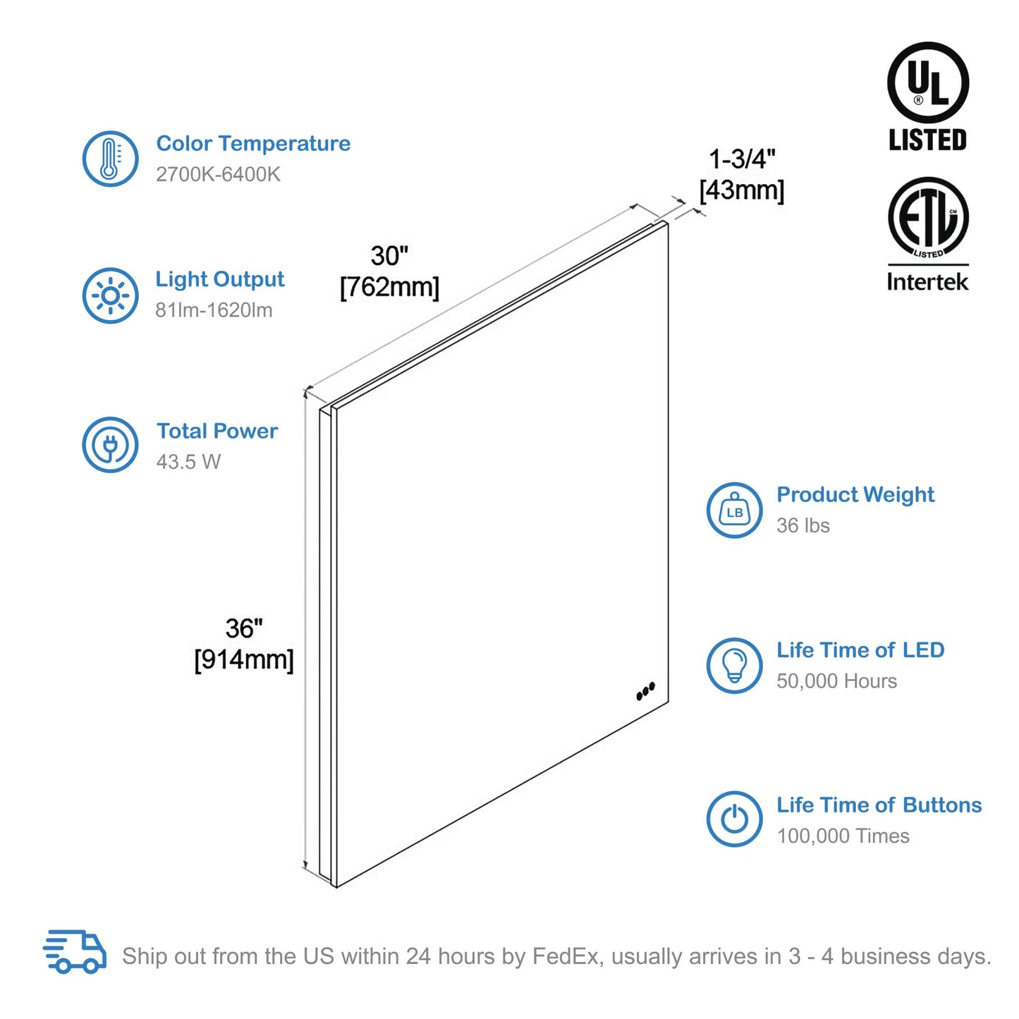 Blossom Beta - 30" LED Mirror Frosted Sides LED M2 3036