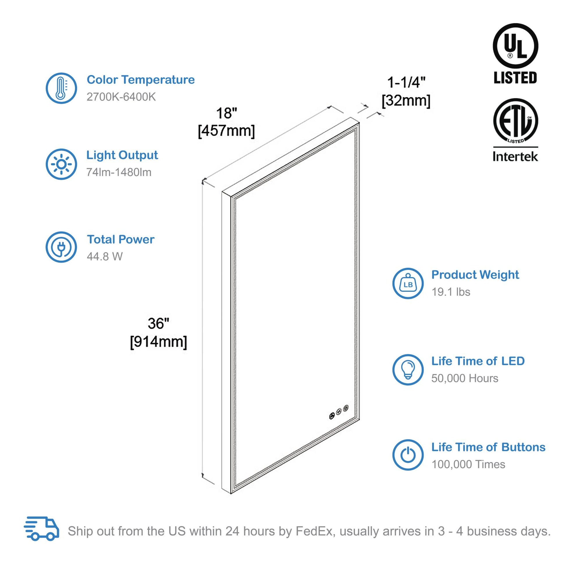 Blossom Stellar - 18" LED Mirror Brushed Gold Frame LED M4 1836 BG