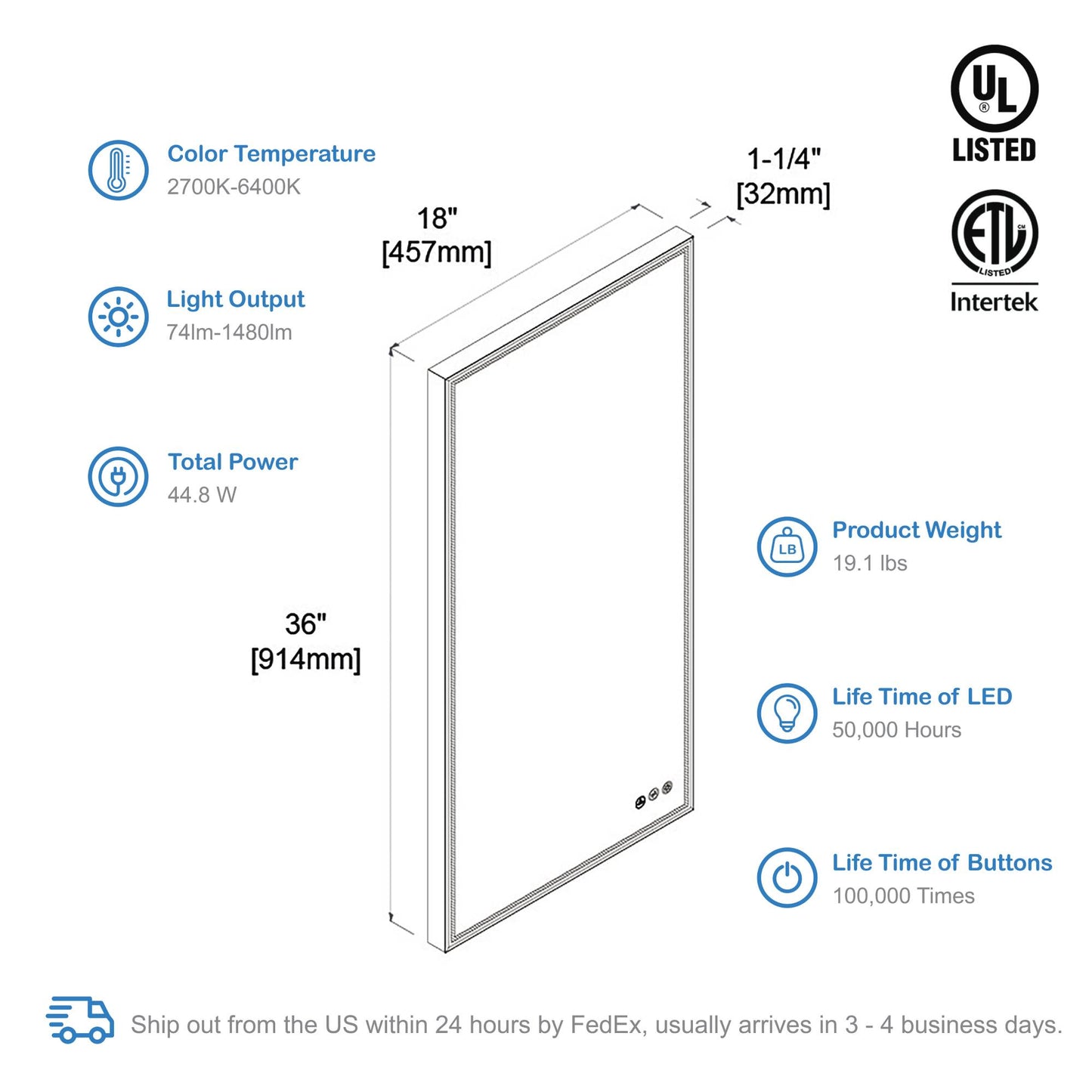 Blossom Stellar - 18" LED Mirror Brushed Gold Frame LED M4 1836 BG