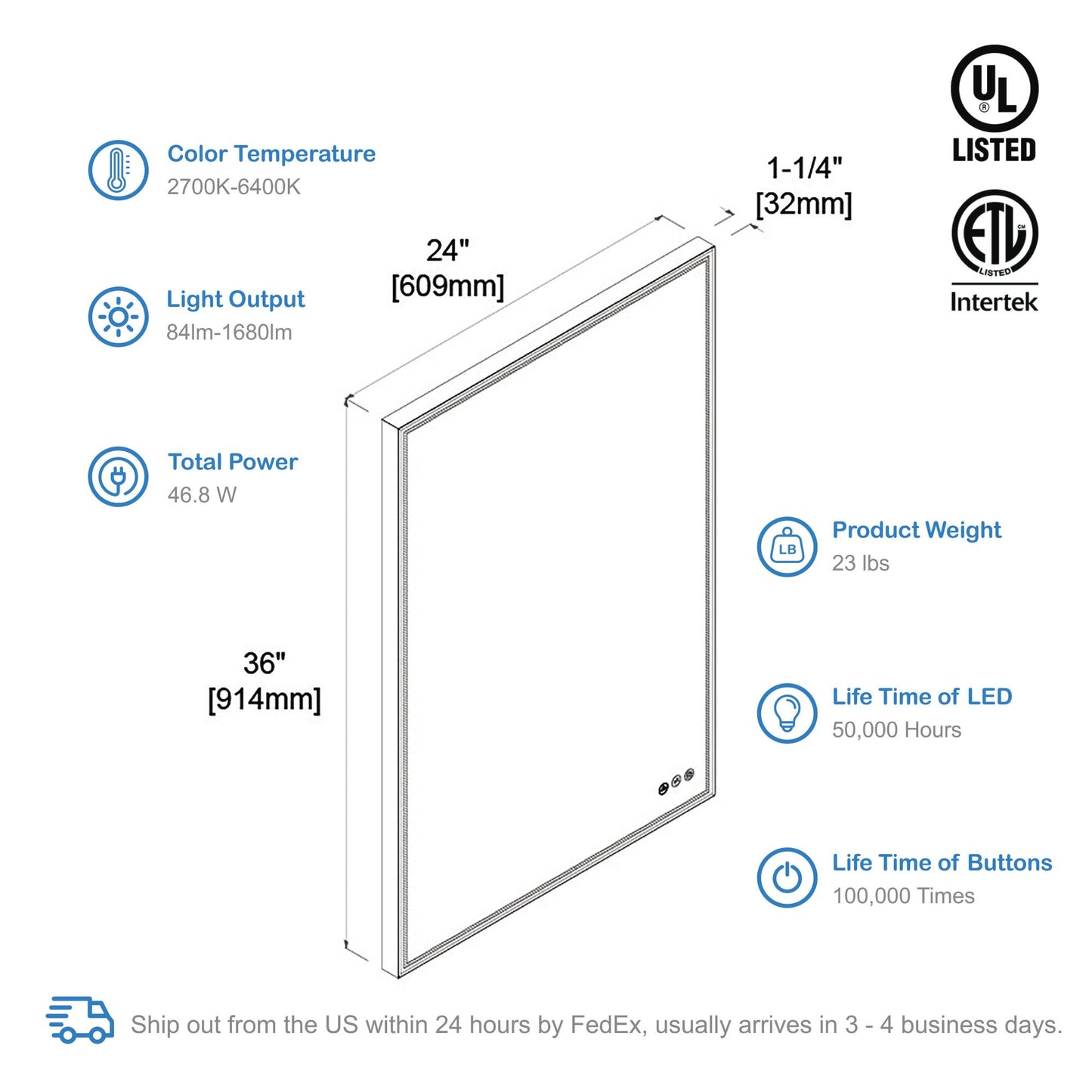 Blossom Stellar - 24" LED Mirror Brushed Gold Frame LED M4 2436 BG