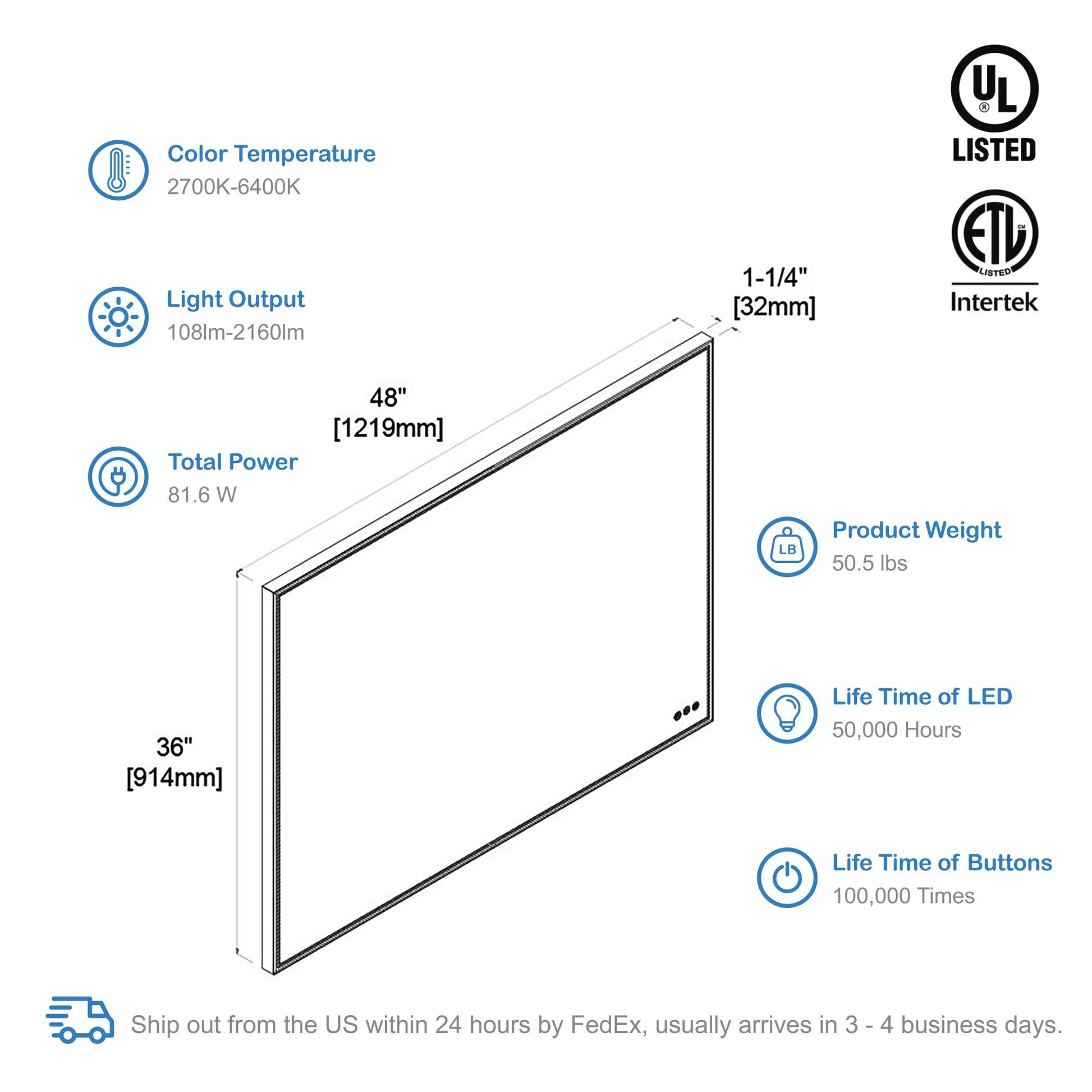 Blossom Stellar - 48" LED Mirror Brushed Gold Frame LED M4 4836 BG