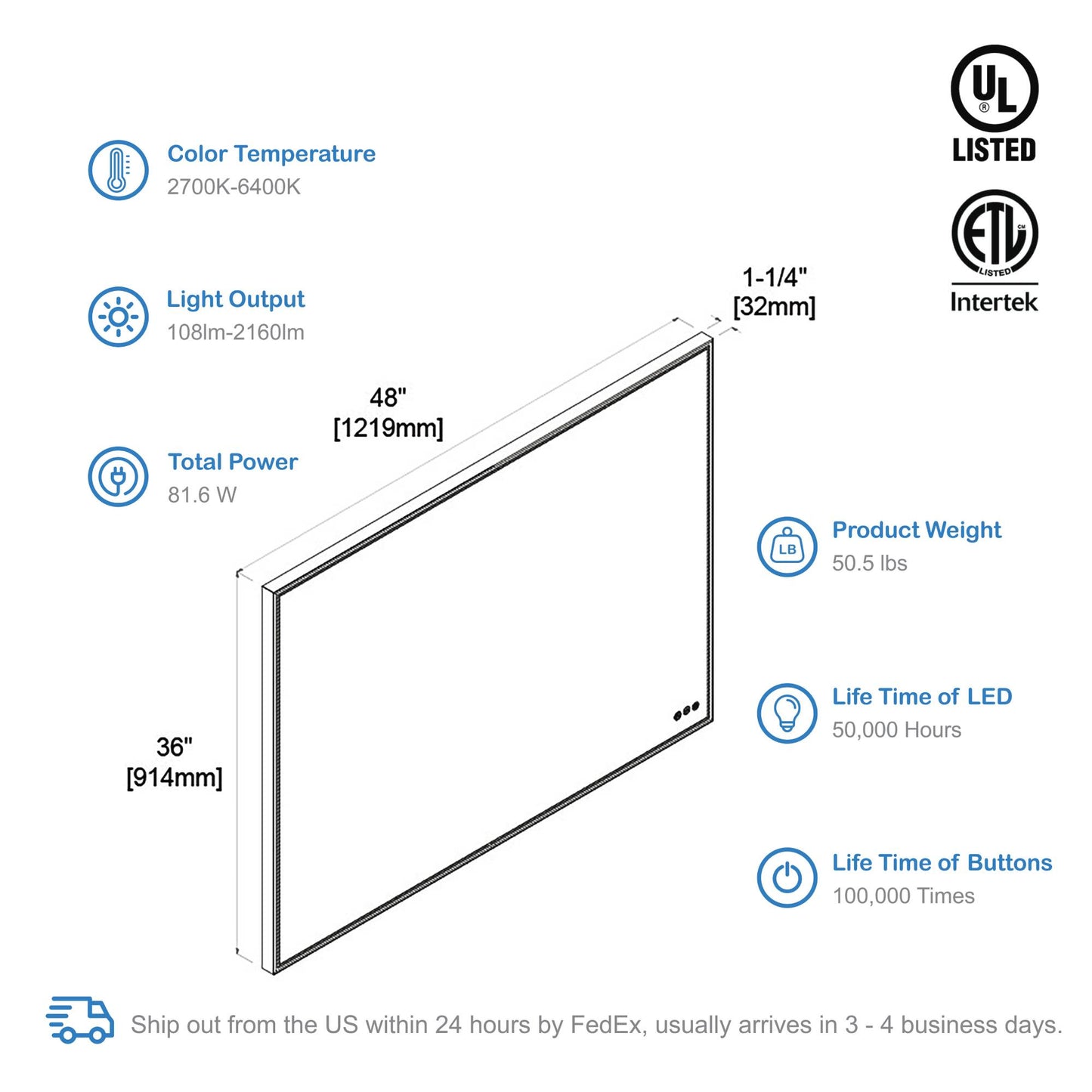 Blossom Stellar - 48" LED Mirror Matte Black Frame LED M4 4836 MB