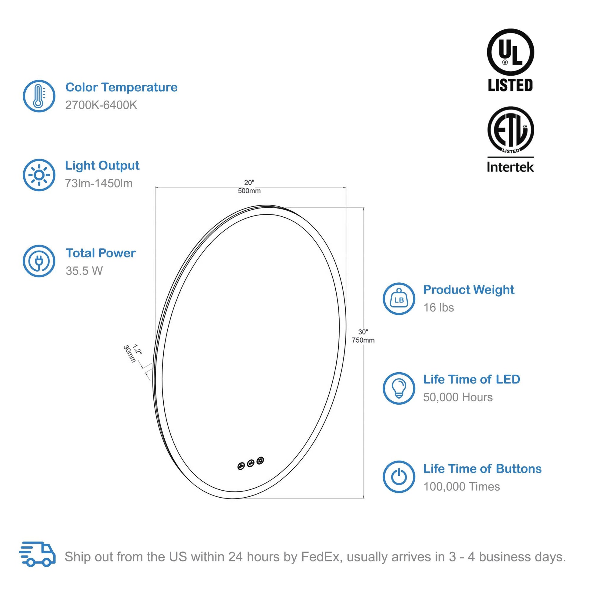 Blossom Oval - 20'' LED Mirror Frosted Side LED M6 2030