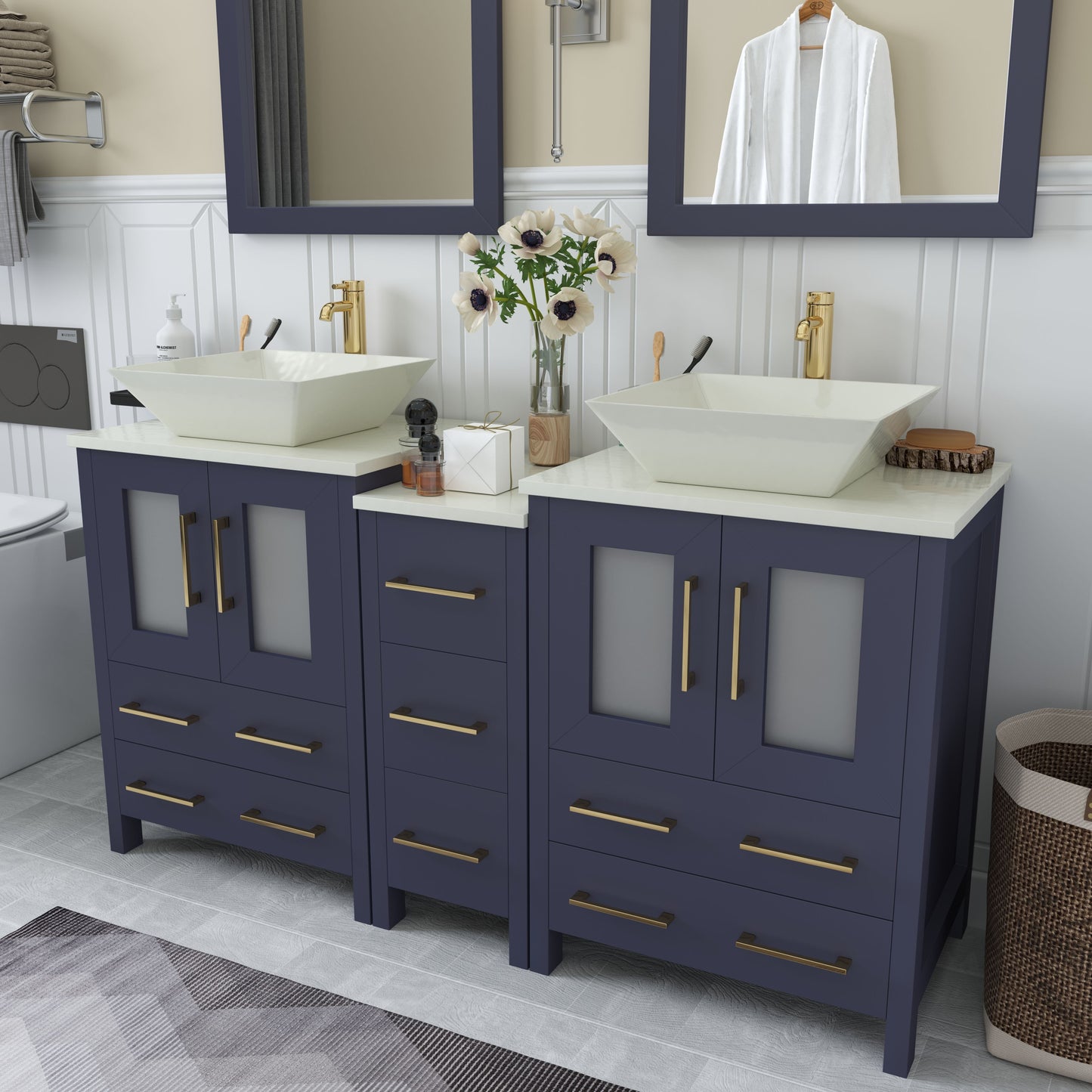 60 Inch Double Sink Bathroom Vanity in Blue with Marble Countertop - Vanity Art VA3124-60B