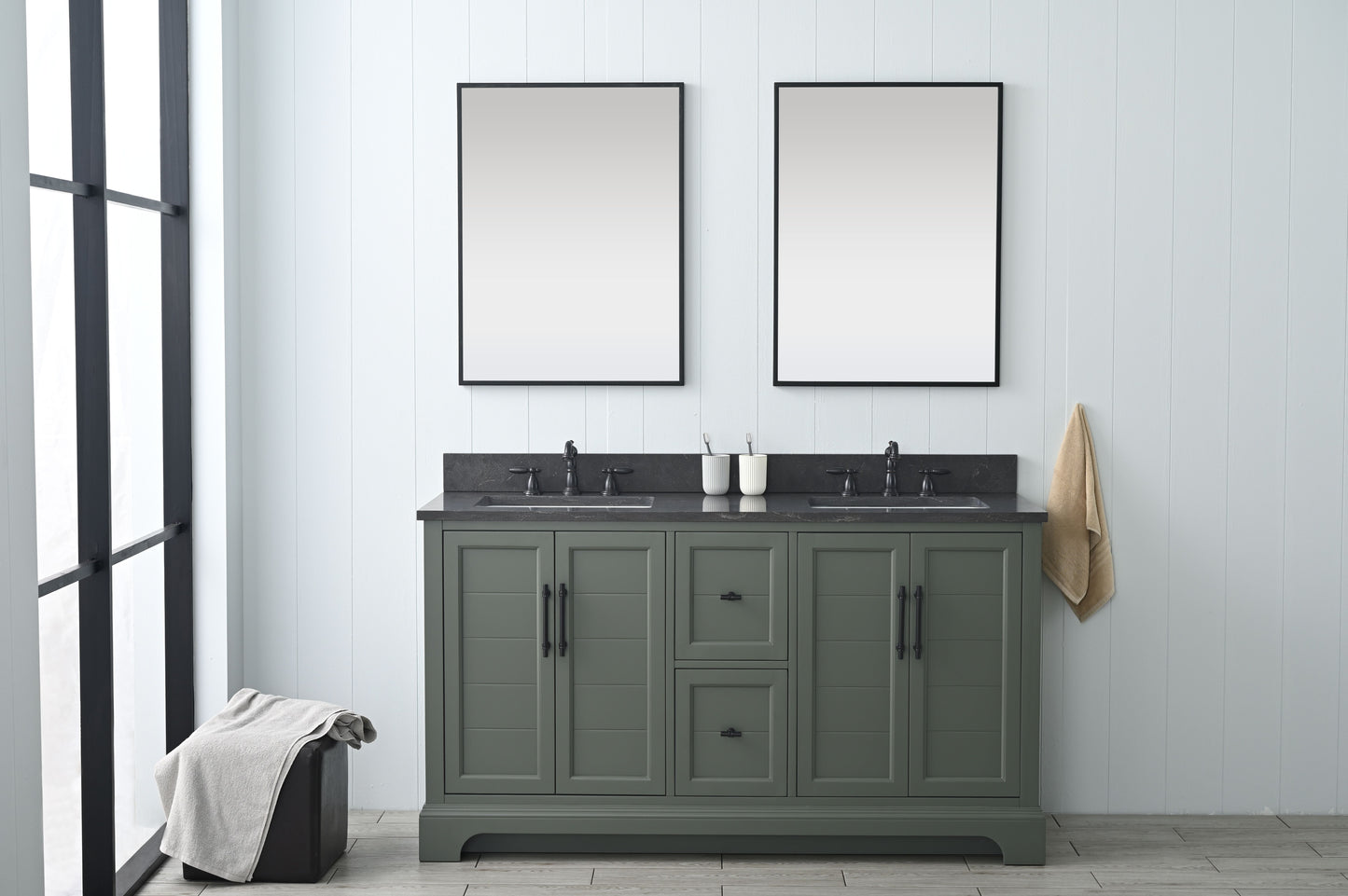 60 Inch Double Sink Bathroom Vanity in Vintage Green with Marble Countertop & Backsplash - Vanity Art VA5060-DVG