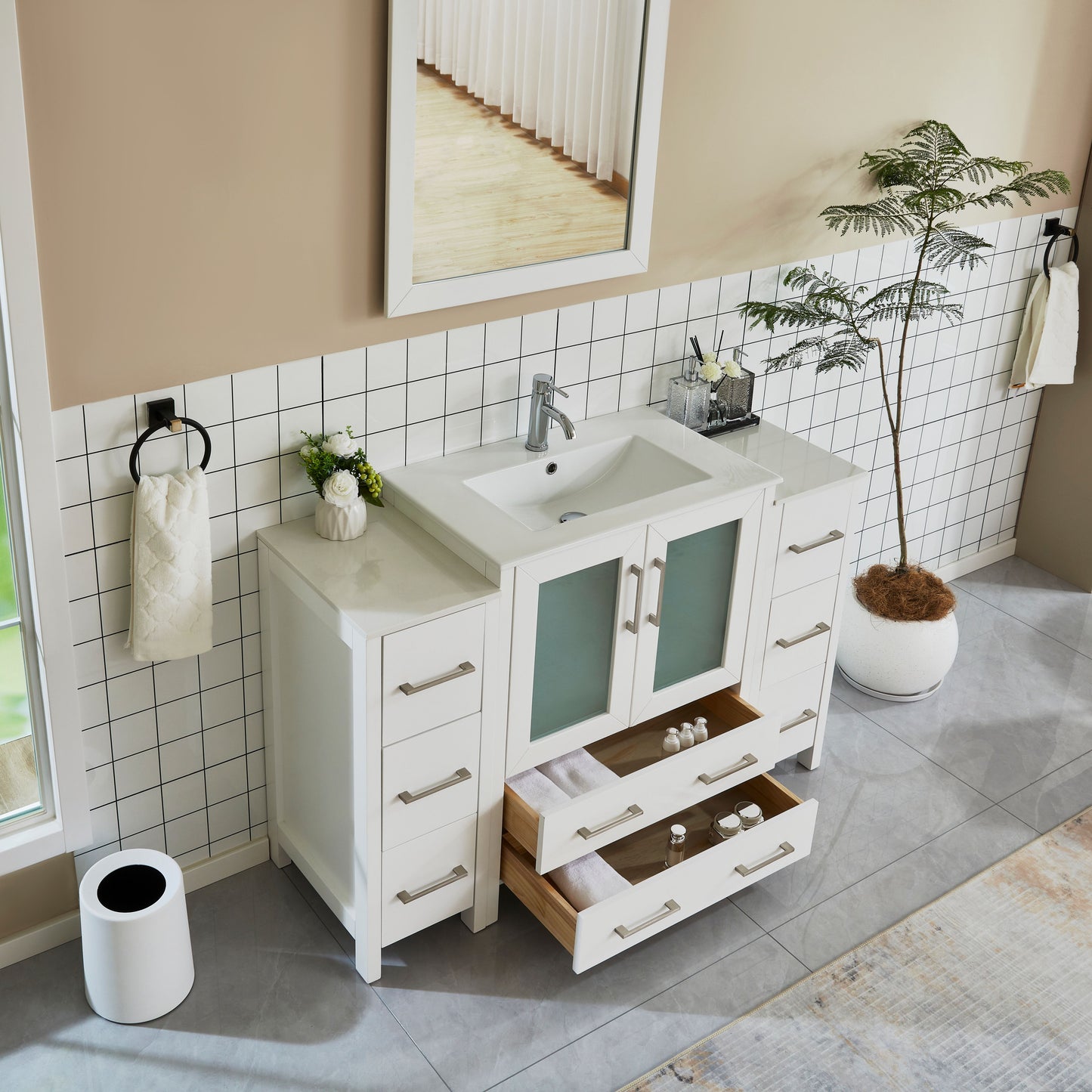 54 Inch Single Sink Bathroom Vanity in White with Ceramic Countertop - Vanity Art VA3030-54W