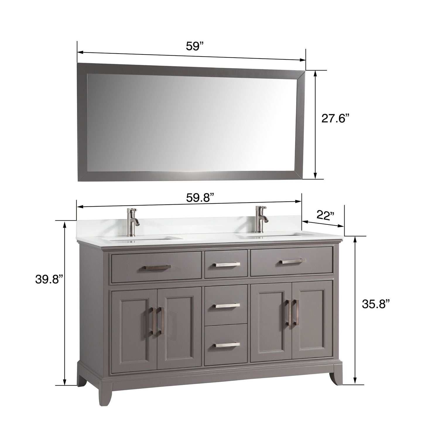 60 Inch Double Sink Bathroom Vanity in Gray with White Marble Countertop - Vanity Art VA1060DG