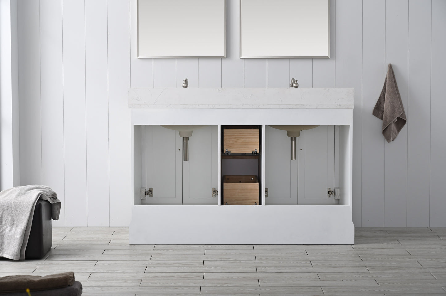 54 Inch Double Sink Bathroom Vanity in White with Marble Countertop & Backsplash - Vanity Art VA5054-W