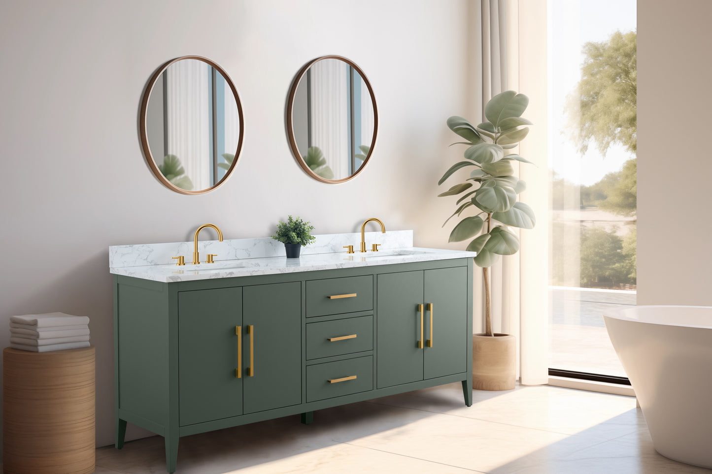 72 Inch Double Sink Bathroom Vanity in Vintage Green with Marble Countertop - Vanity Art VA9072-DVG