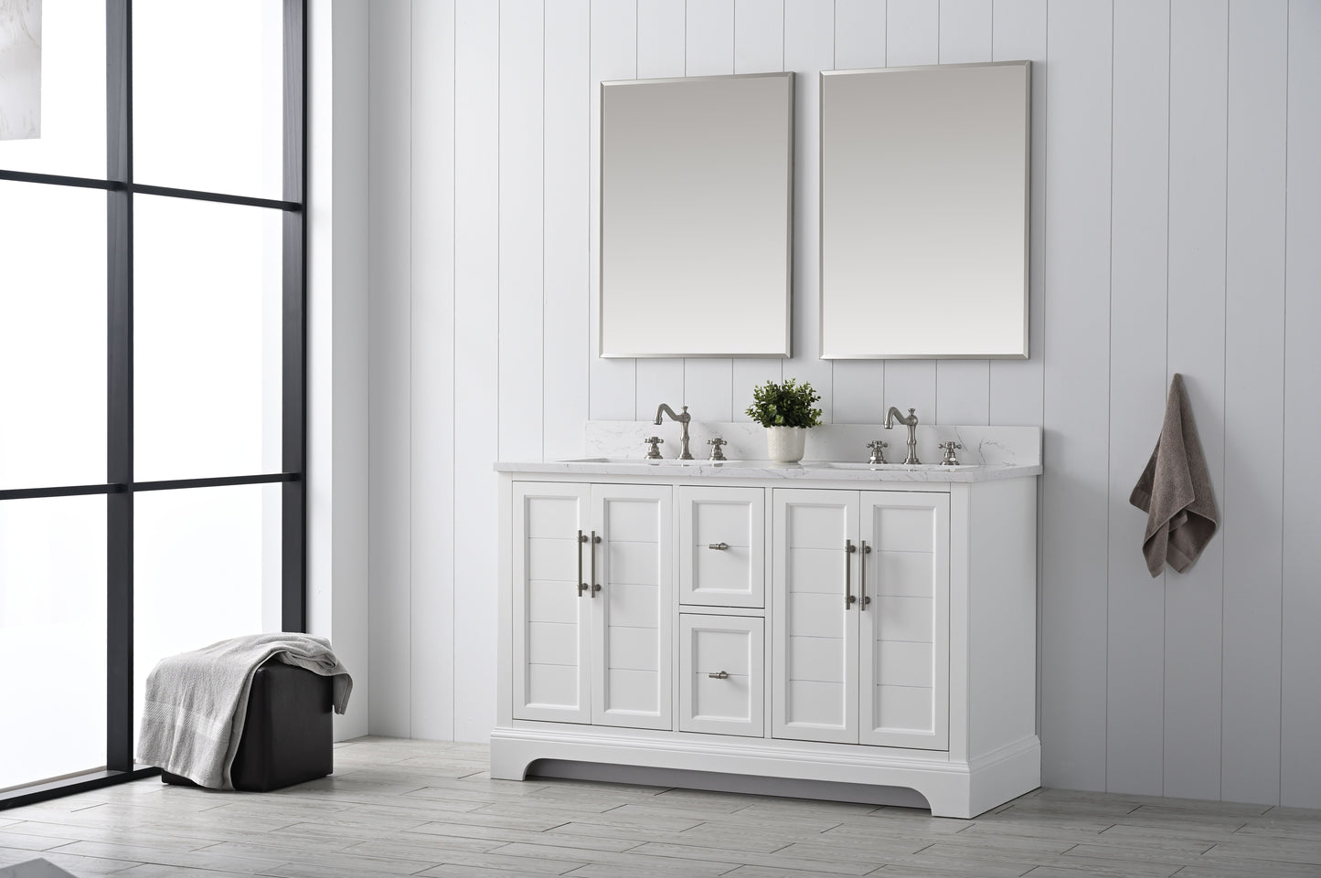 54 Inch Double Sink Bathroom Vanity in White with Marble Countertop & Backsplash - Vanity Art VA5054-W