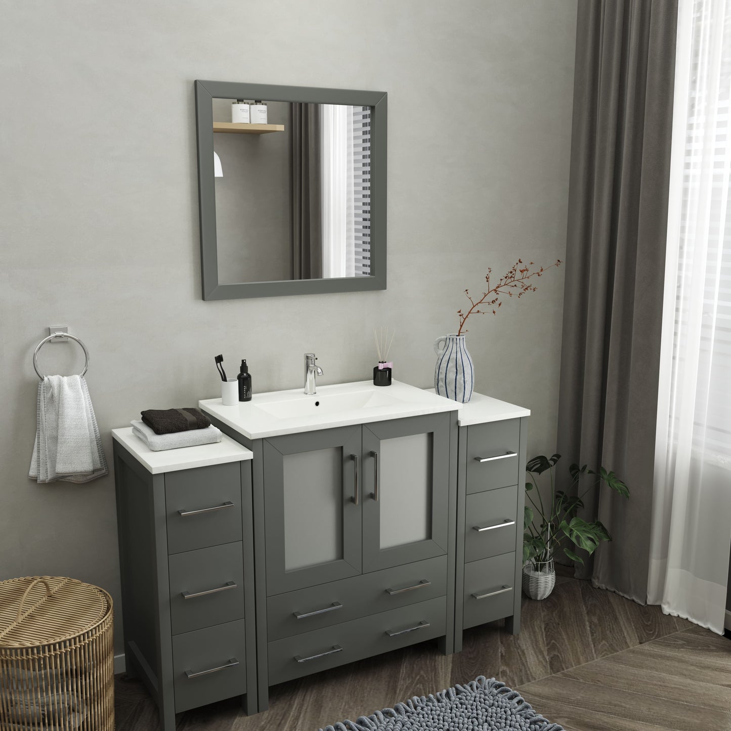 54 Inch Single Sink Bathroom Vanity in Gray with Ceramic Countertop - Vanity Art VA3030-54G