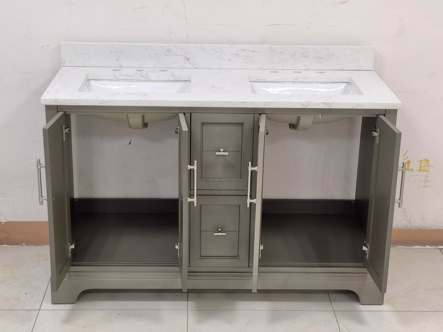 54 Inch Double Sink Bathroom Vanity in Gray with Marble Countertop & Backsplash - Vanity Art VA5054-SG