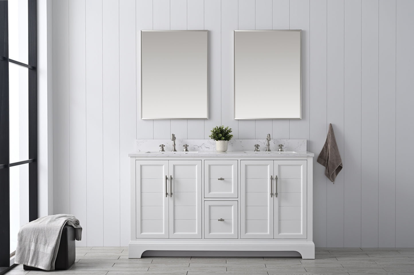 60 Inch Double Sink Bathroom Vanity in White with Marble Countertop & Backsplash - Vanity Art VA5060-DW