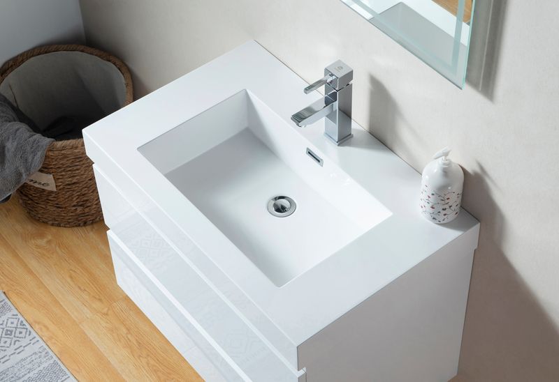 30 Inch LED Lighted Wall Hung Single Sink Bathroom Vanity in White with Resin Top - Vanity Art VA6030WL