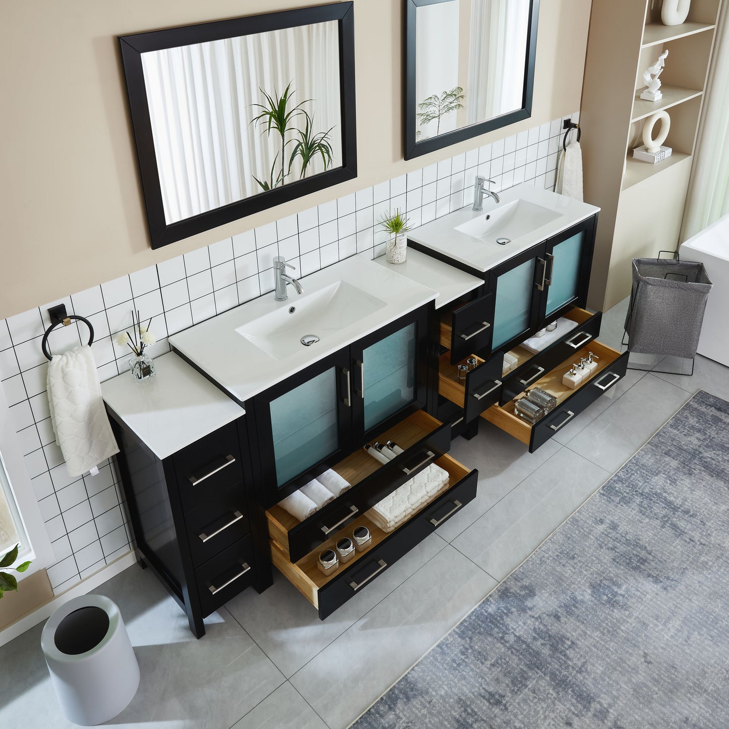 96 Inch Double Sink Bathroom Vanity in Espresso with Ceramic Countertop - Vanity Art VA3036-96E