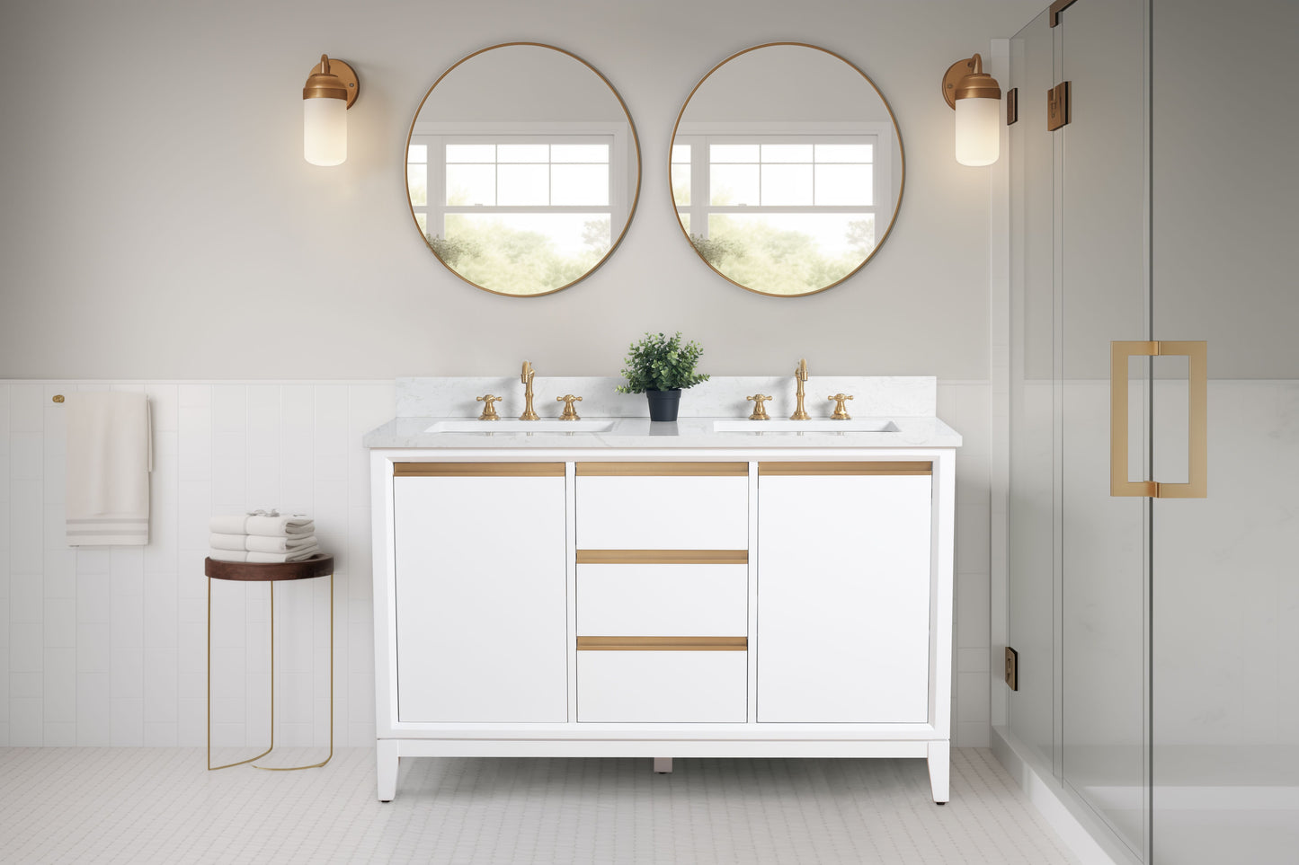 54 Inch Double Sink Bathroom Vanity in White with Marble Countertop - Vanity Art VA8054-DW