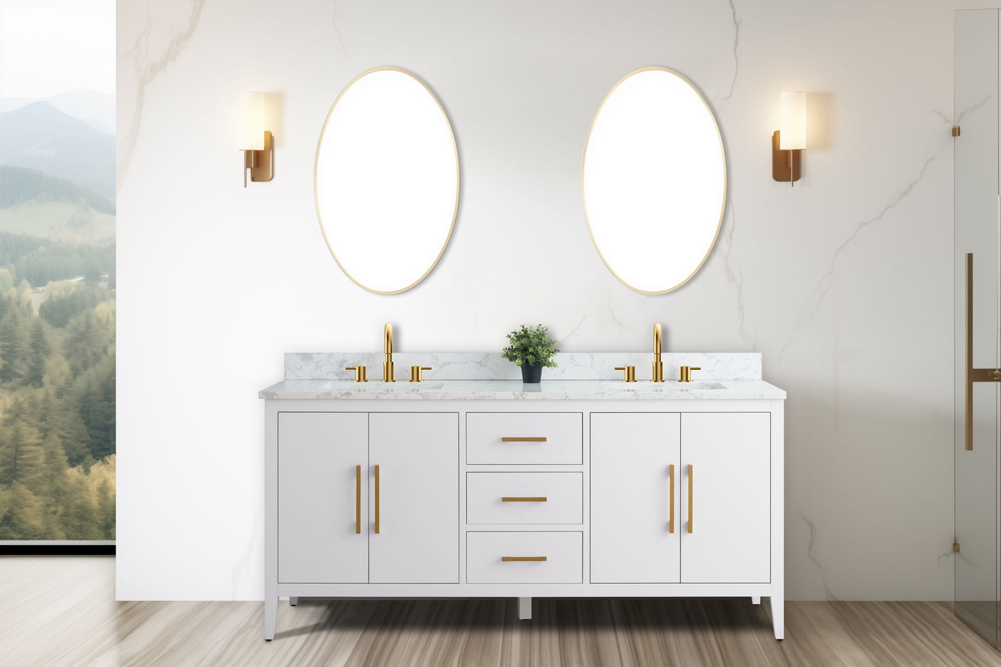 72 Inch Double Sink Bathroom Vanity in White with Marble Countertop - Vanity Art VA9072-DW