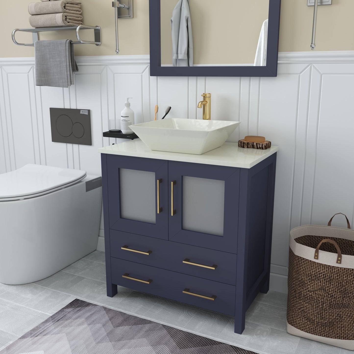 30 Inch Single Sink Bathroom Vanity in Blue with Marble Countertop - Vanity Art VA3130B