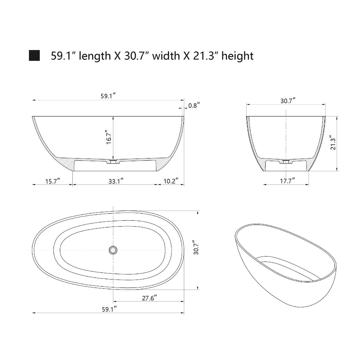 Freestanding Oval-Shaped Stone Resin Bathtub 59 Inch x 30.5 Inch - Vanity Art VA6913-PRS