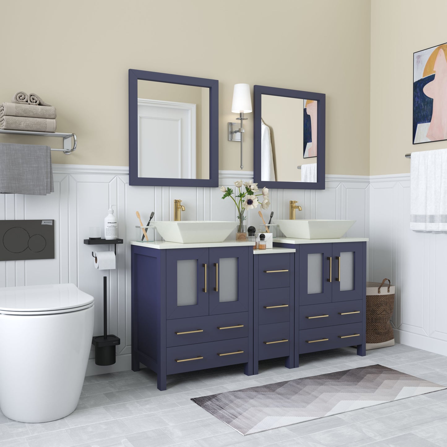 60 Inch Double Sink Bathroom Vanity in Blue with Marble Countertop - Vanity Art VA3124-60B