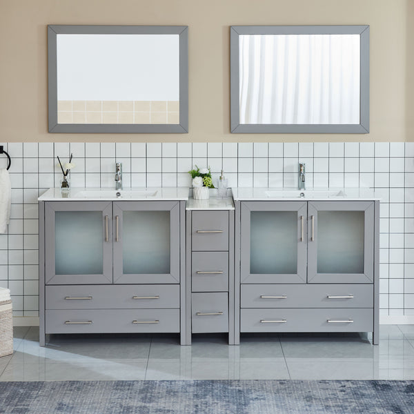 84 Inch Double Sink Bathroom Vanity in Gray with Ceramic Countertop - Vanity Art VA3036-84G