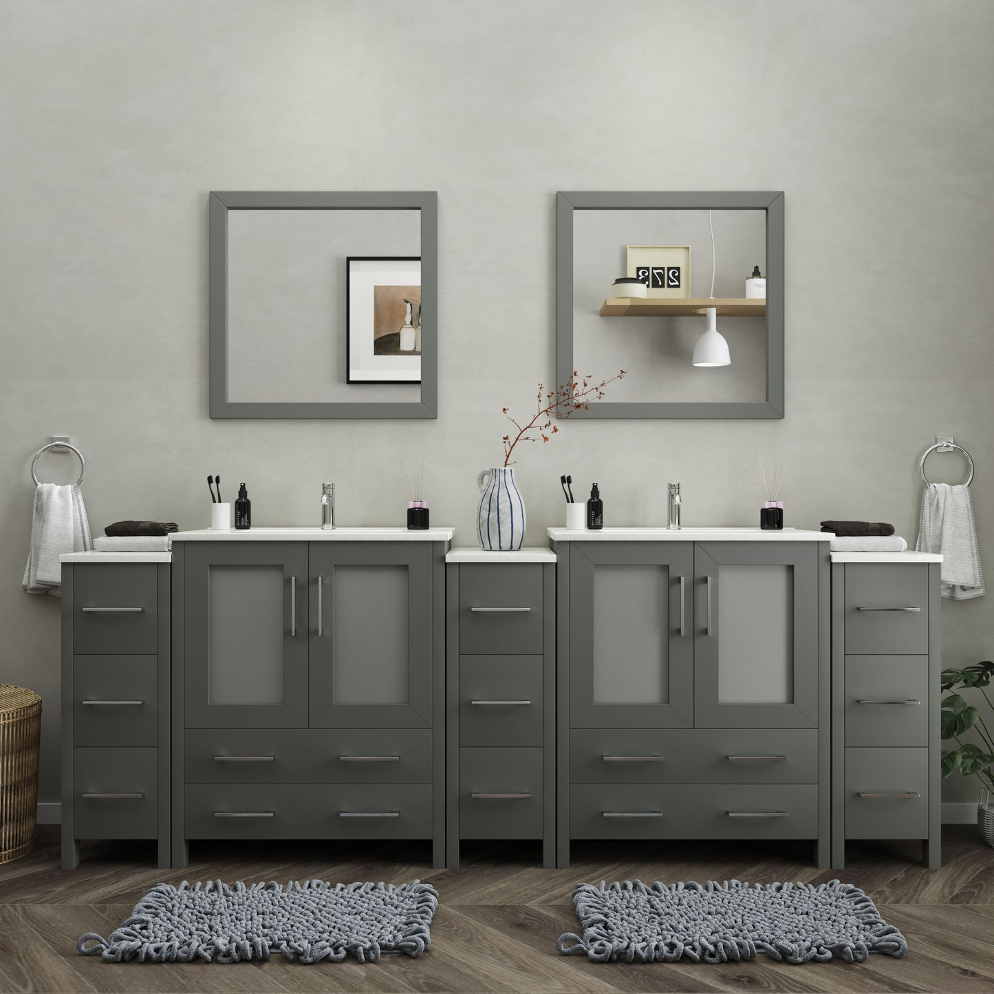 96 Inch Double Sink Bathroom Vanity in Gray with Ceramic Countertop - Vanity Art VA3030-96G