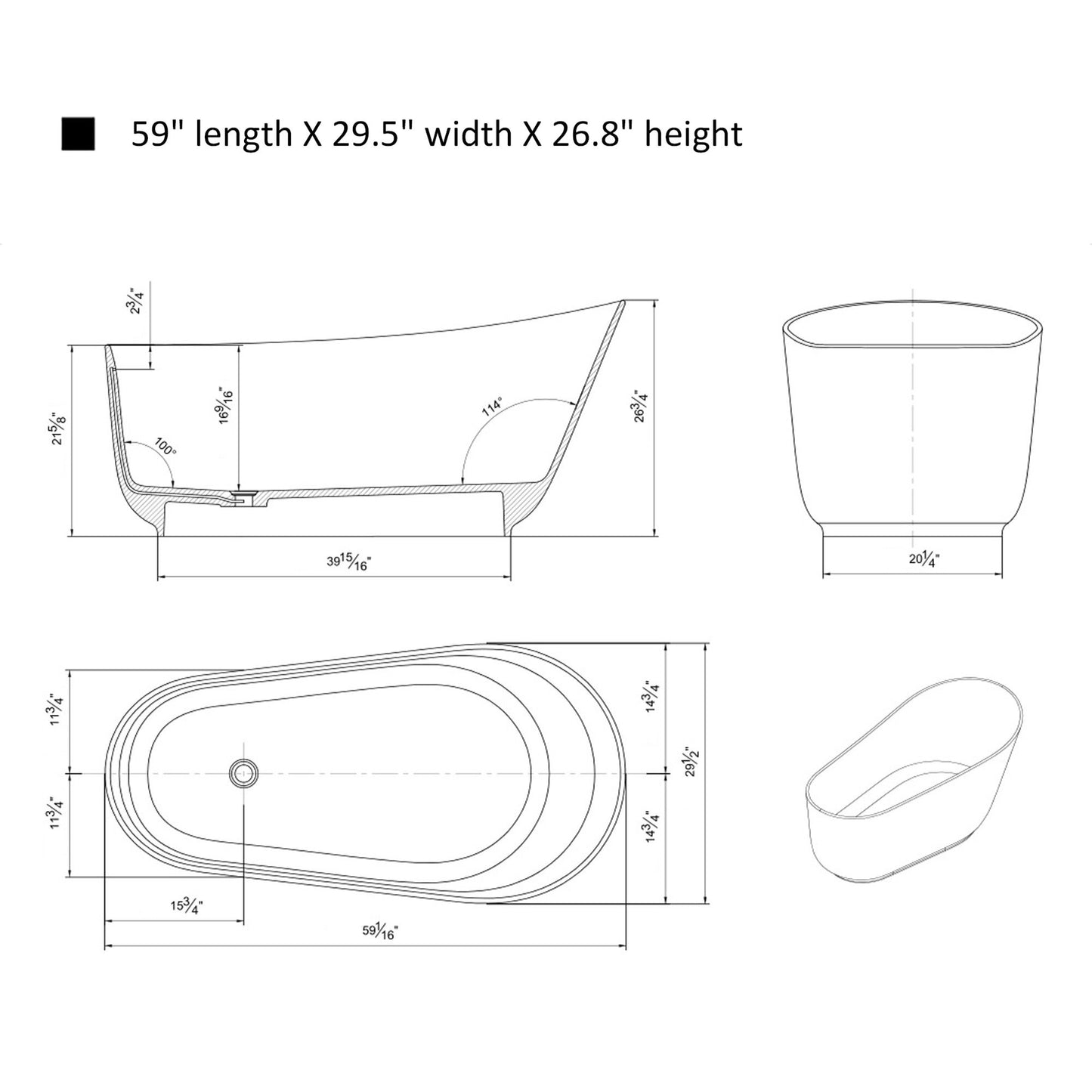 Freestanding Solid Surface Resin Matte Bathtub 59 Inch x 29.5 Inch - Vanity Art VA6911-MS