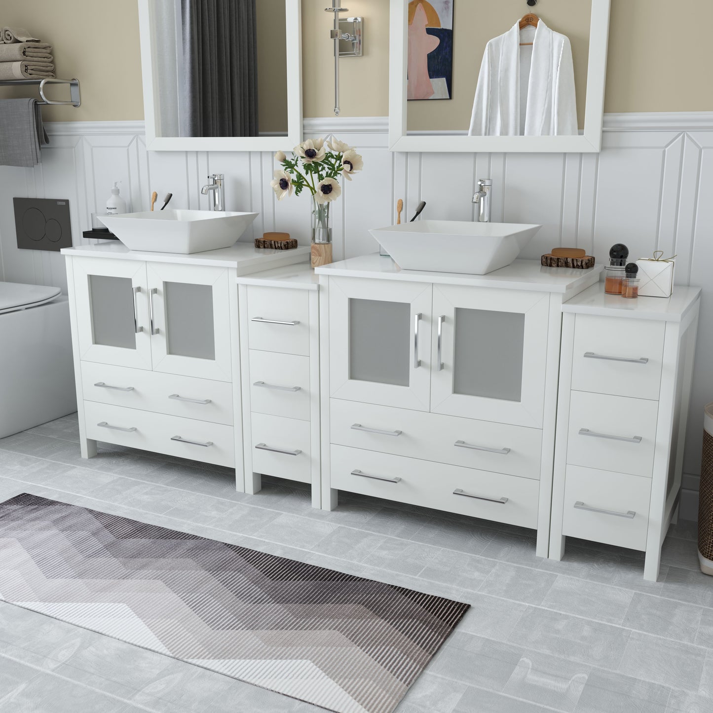 84 Inch Double Sink Bathroom Vanity in White with Marble Countertop - Vanity Art VA3130-84W