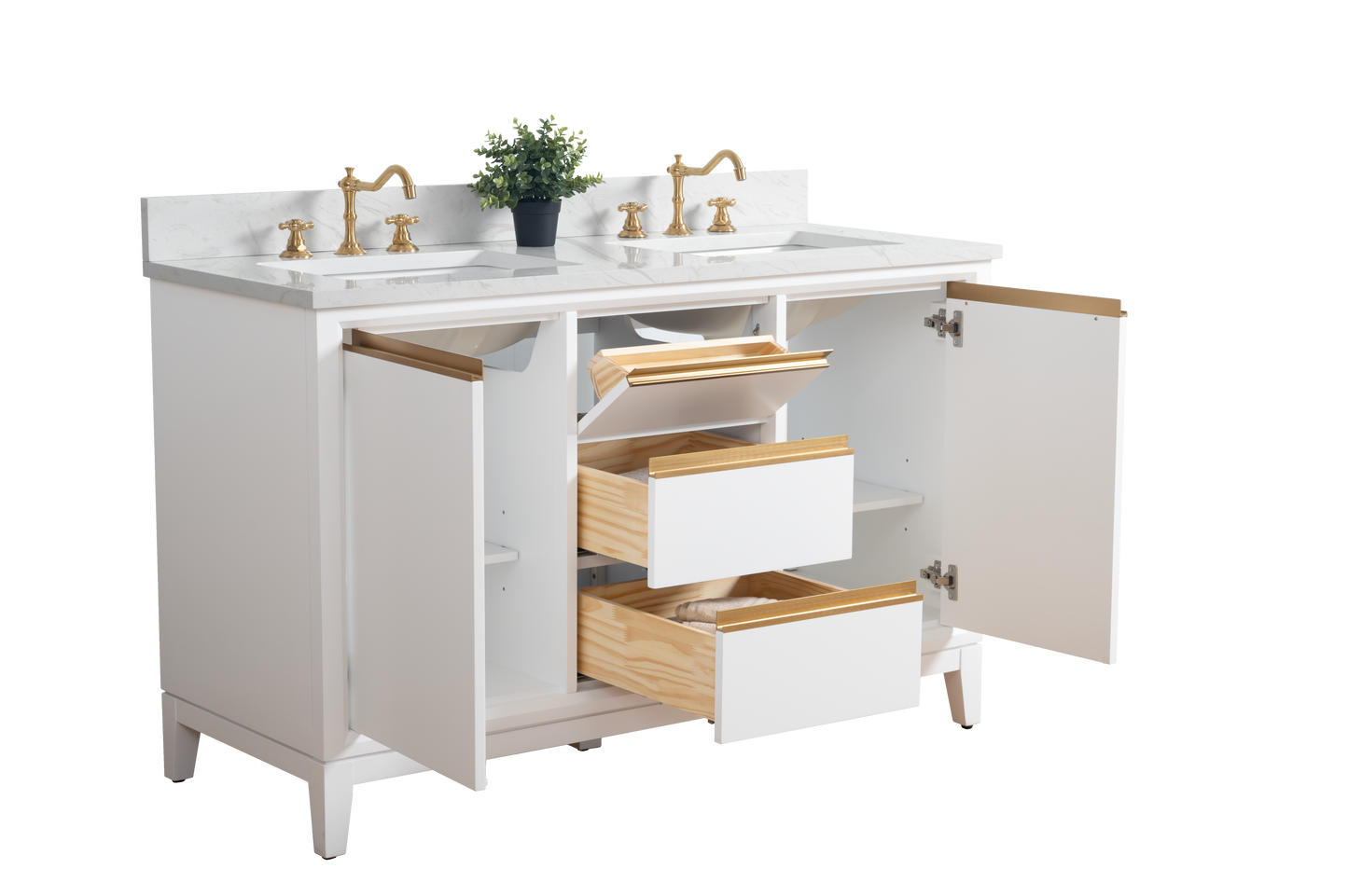 54 Inch Double Sink Bathroom Vanity in White with Marble Countertop - Vanity Art VA8054-DW