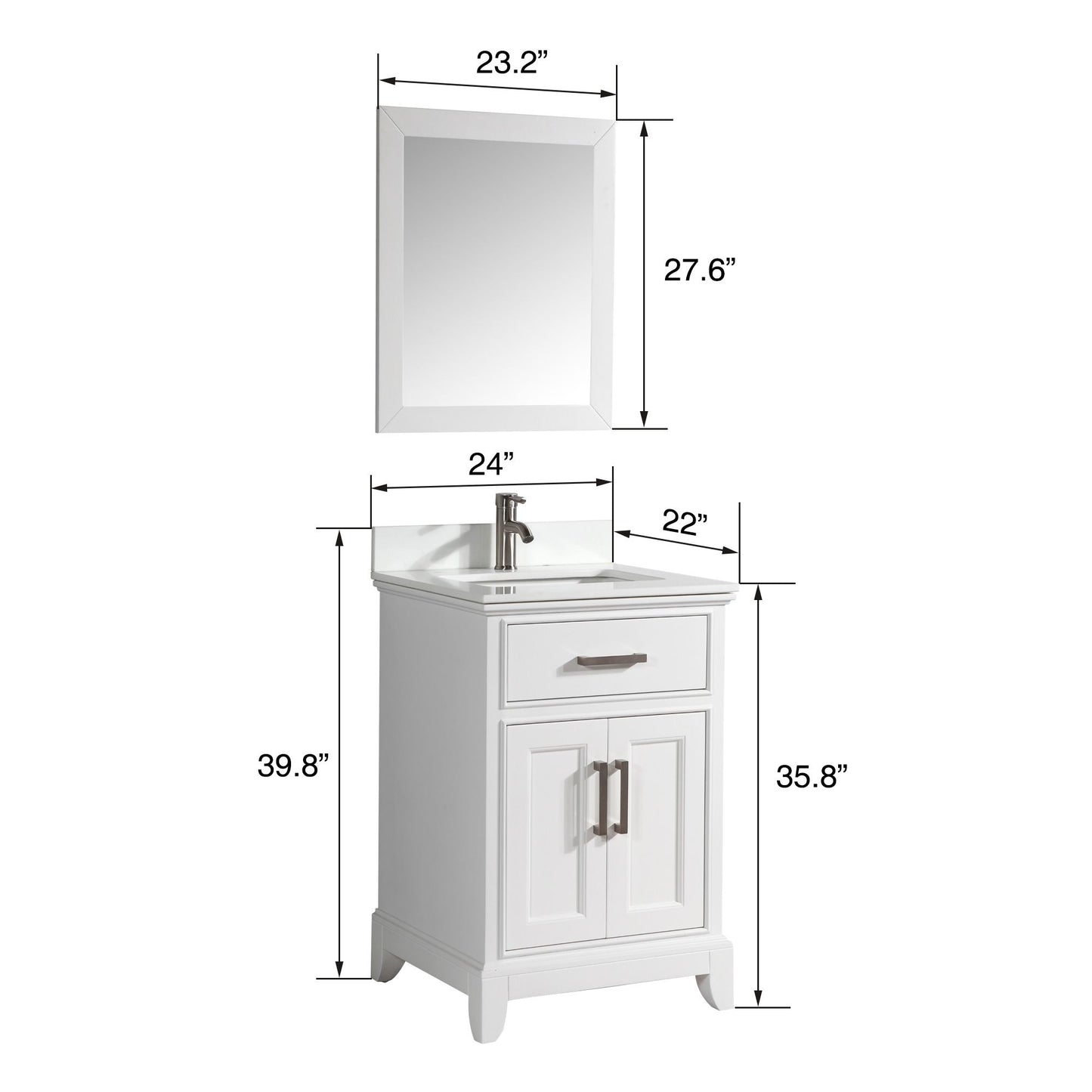 24 Inch Single Sink Bathroom Vanity in White with White Marble Countertop - Vanity Art VA1024W